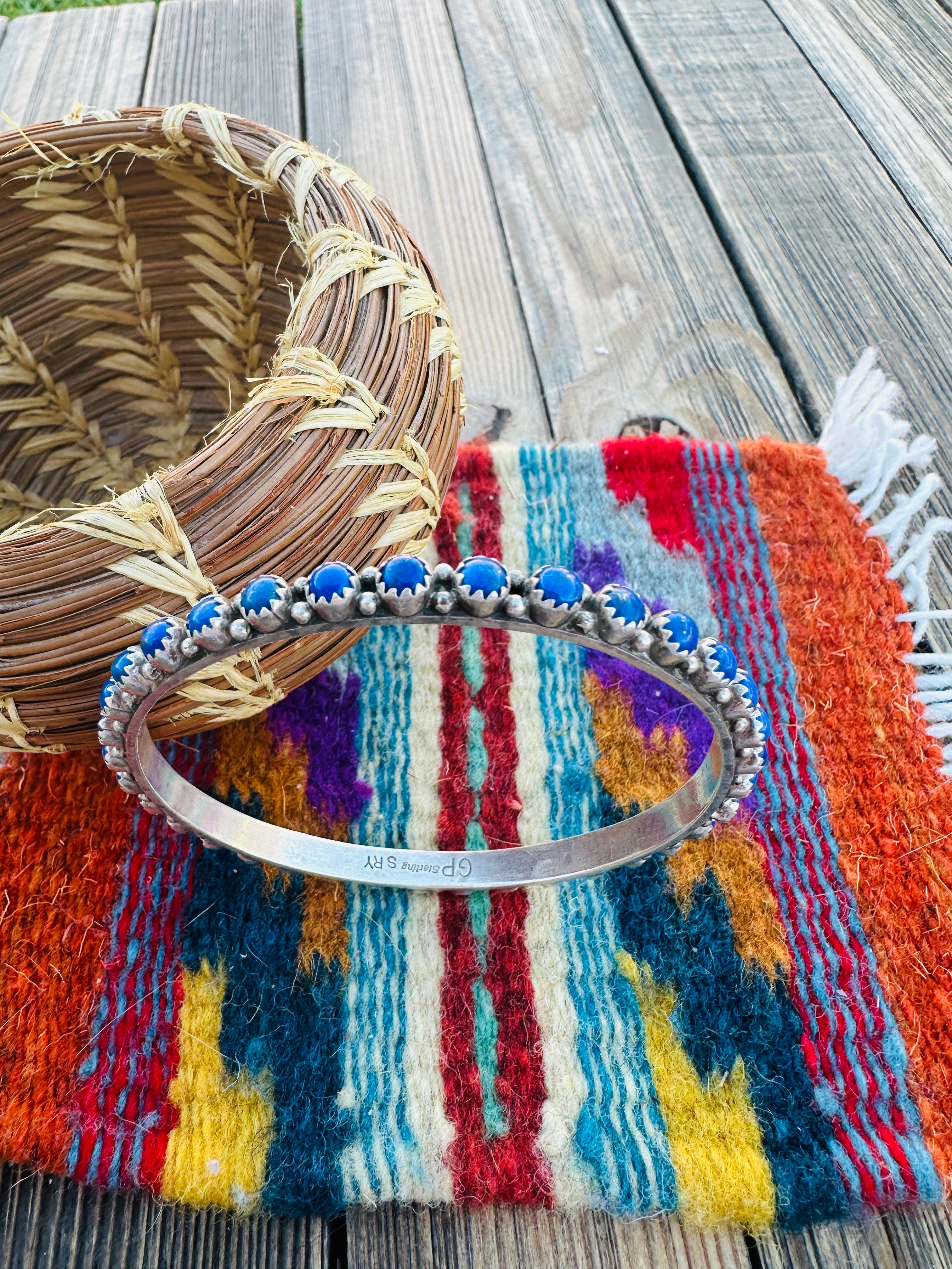 Handcrafted Old Pawn Lapis & Sterling Silver Bangle Bracelet
