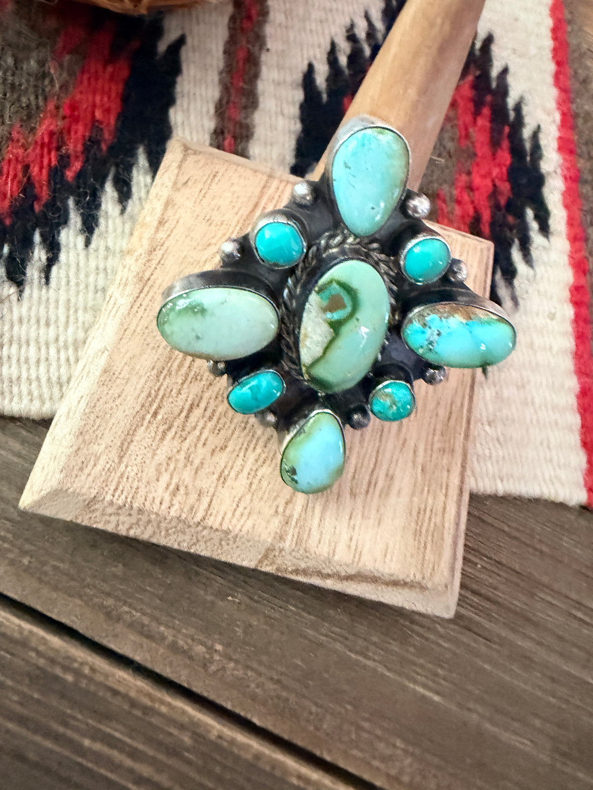 Handcrafted Turquoise & Sterling Silver Cluster Adjustable Ring