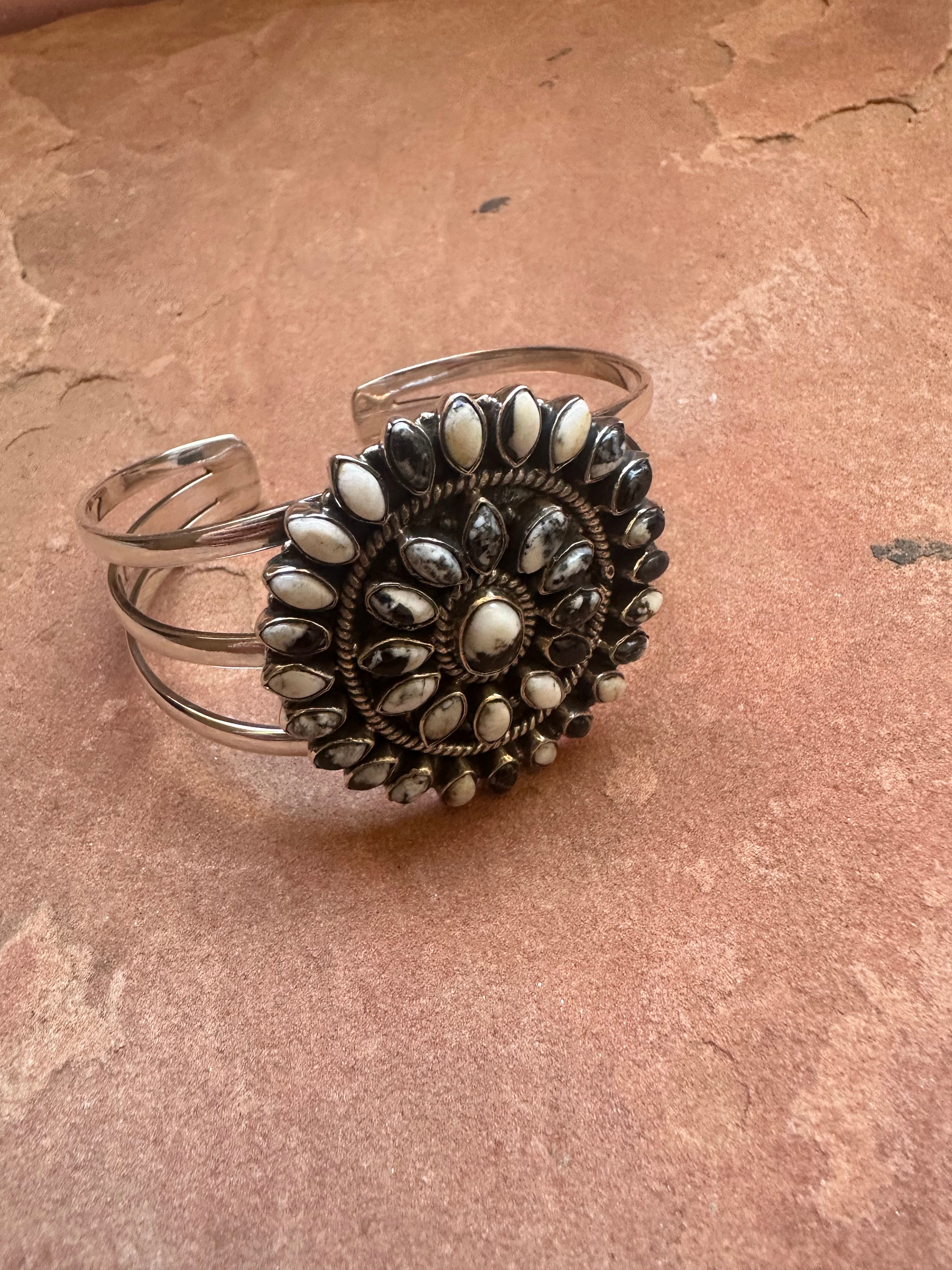 Handmade Sterling Silver & White Buffalo Cluster Adjustable Cuff Bracelet Signed Nizhoni