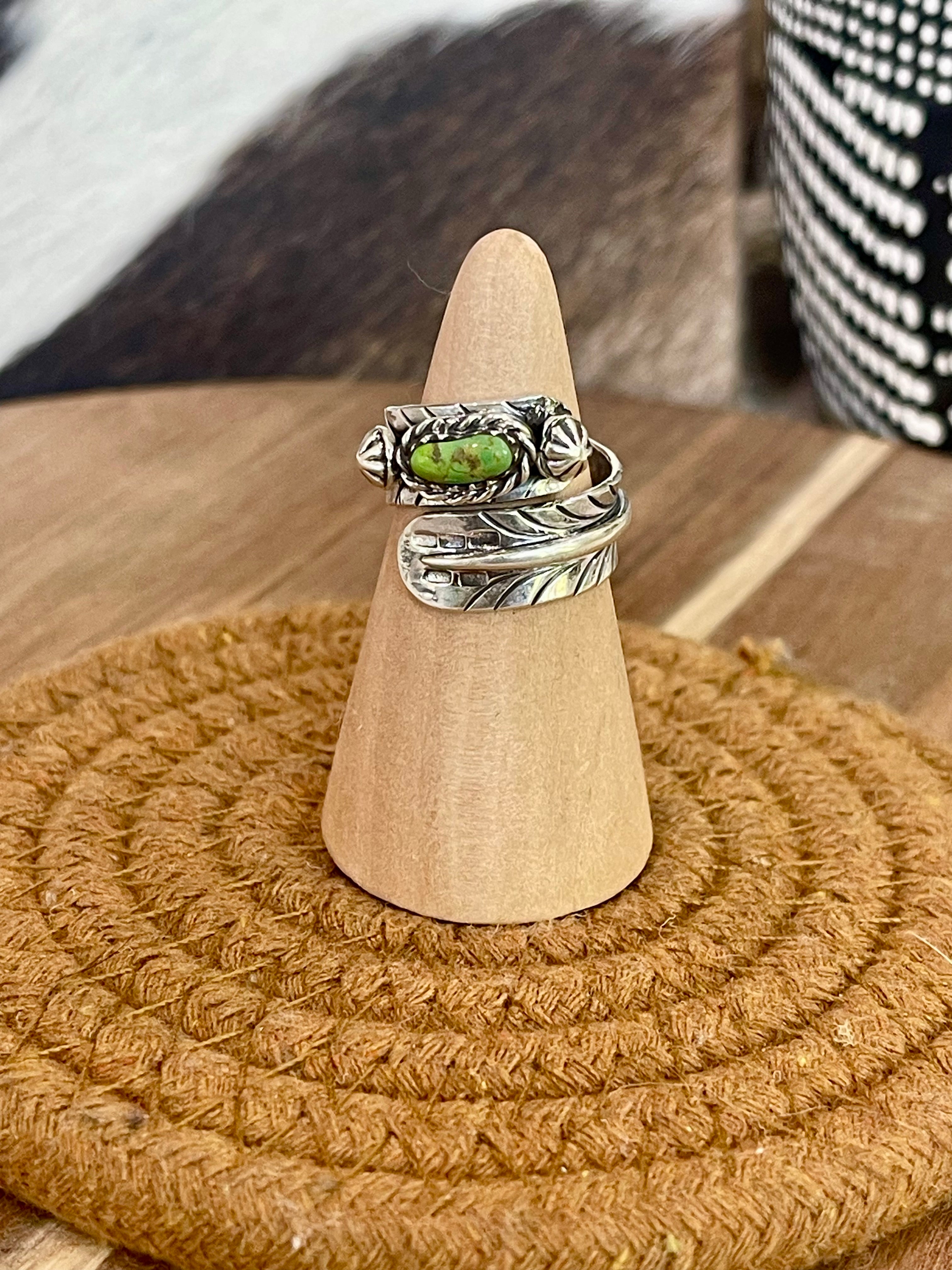 Handmade Sterling Silver & Sonoran Turquoise Adjustable Feather Ring