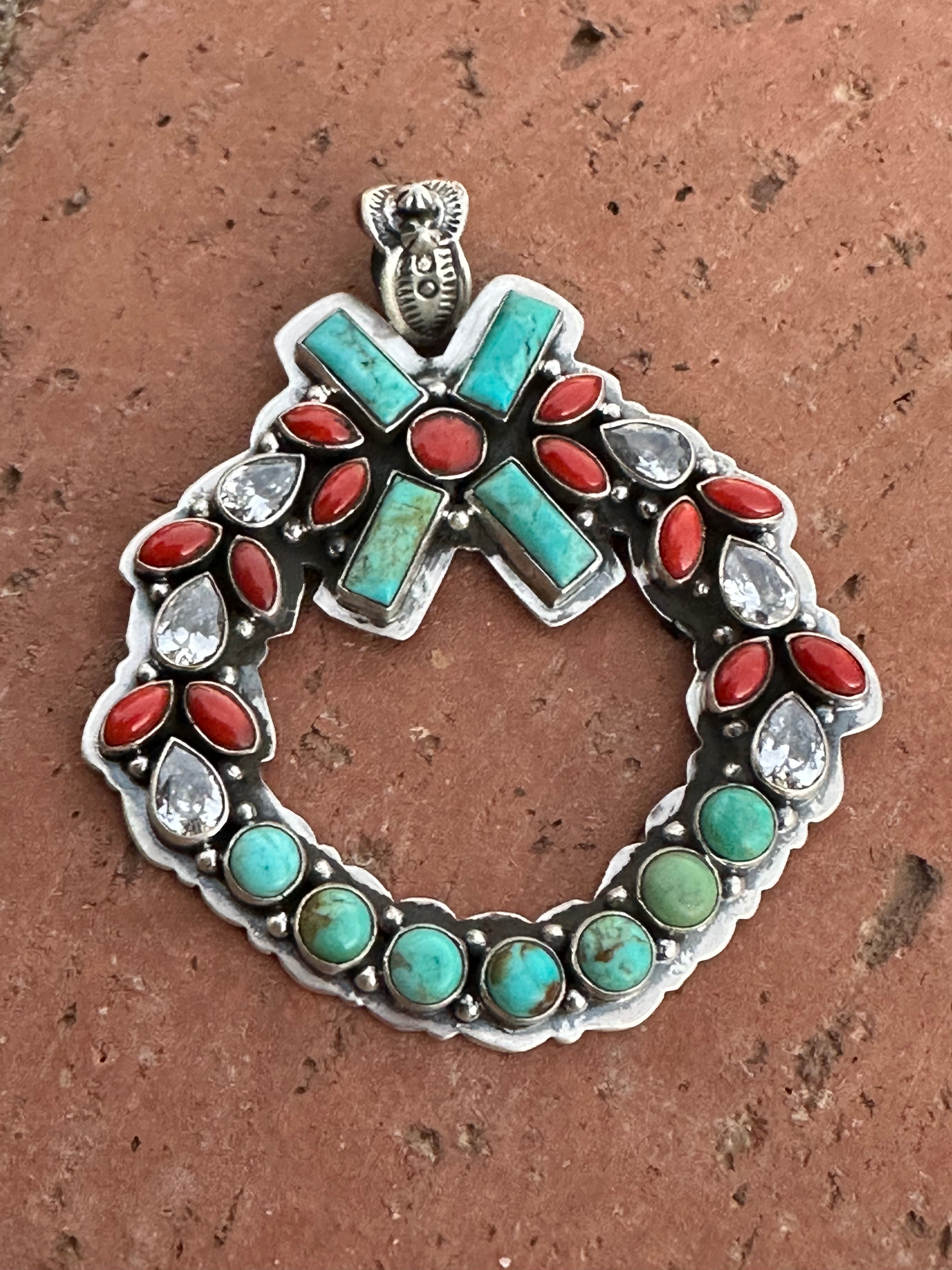 Handmade Sterling Silver, Coral & Kingman Turquoise Christmas Wreath Pendant