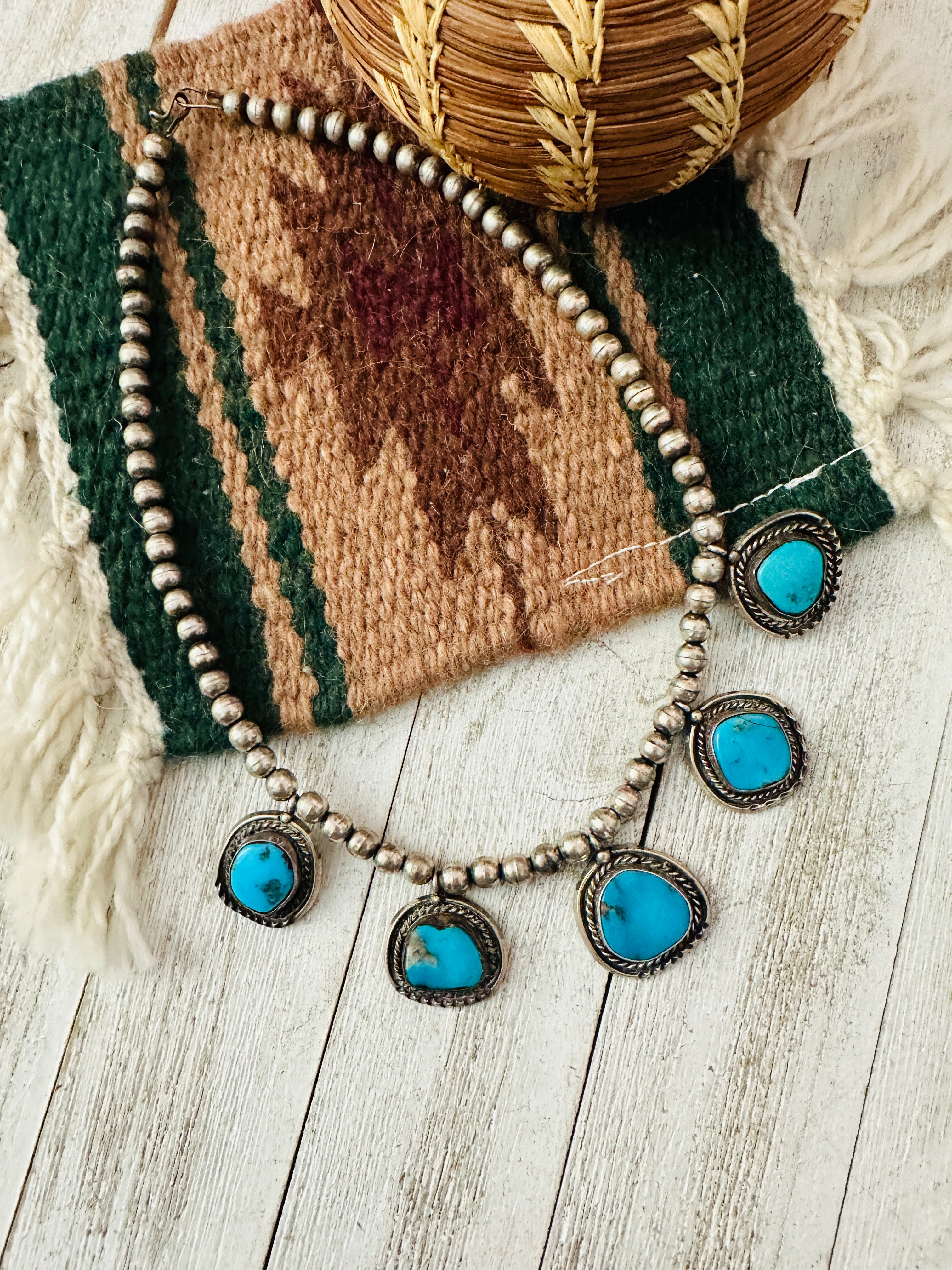 Vintage Old Pawn Navajo Turquoise & Sterling Silver Beaded Necklace