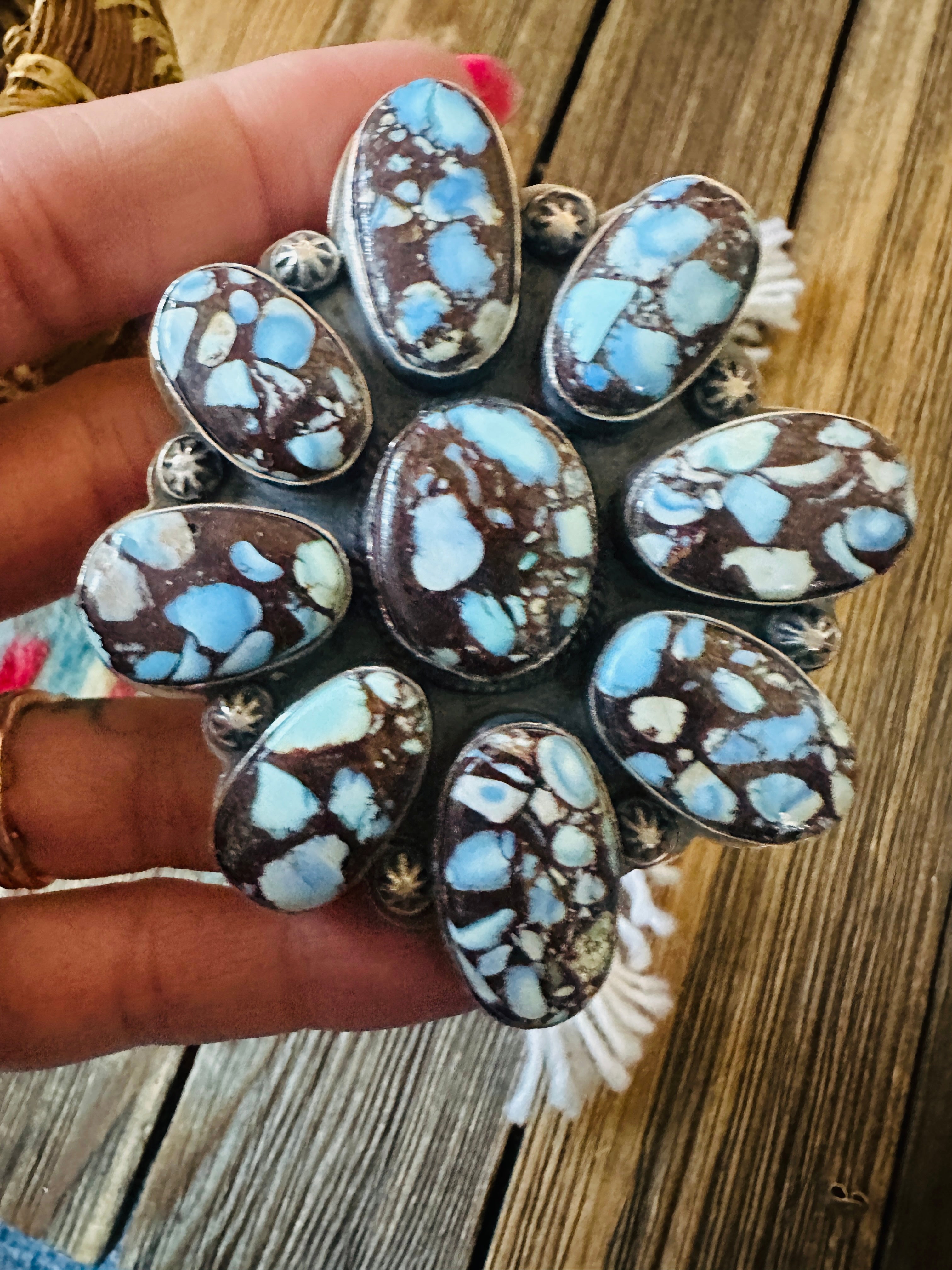 Handcrafted Golden Hills Turquoise & Sterling Silver Cluster Adjustable Ring