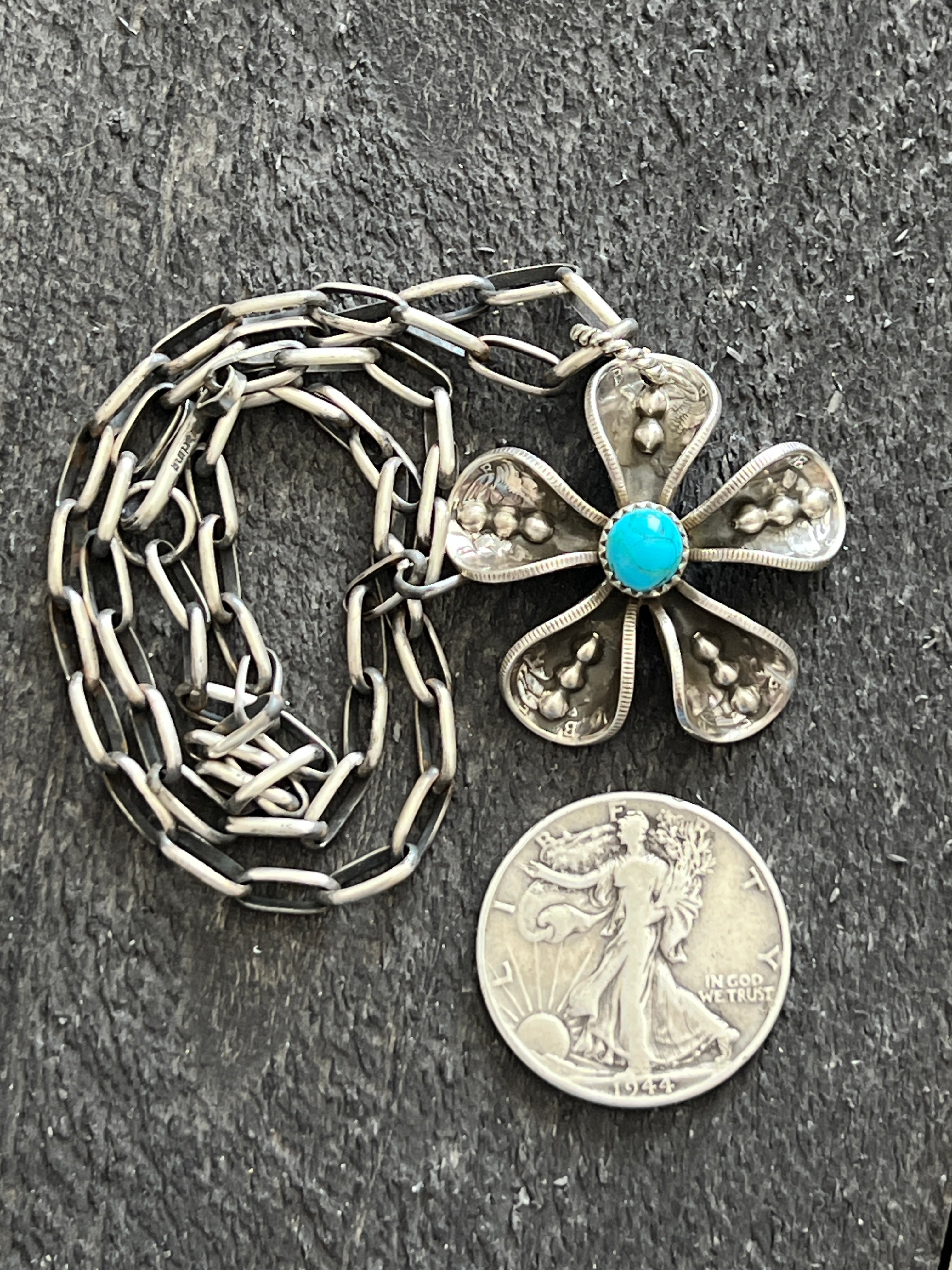 Handcrafted Sterling and Coin Silver Mercury Dime Flower Pendant with Turquoise on Handmade Chain by James Begay