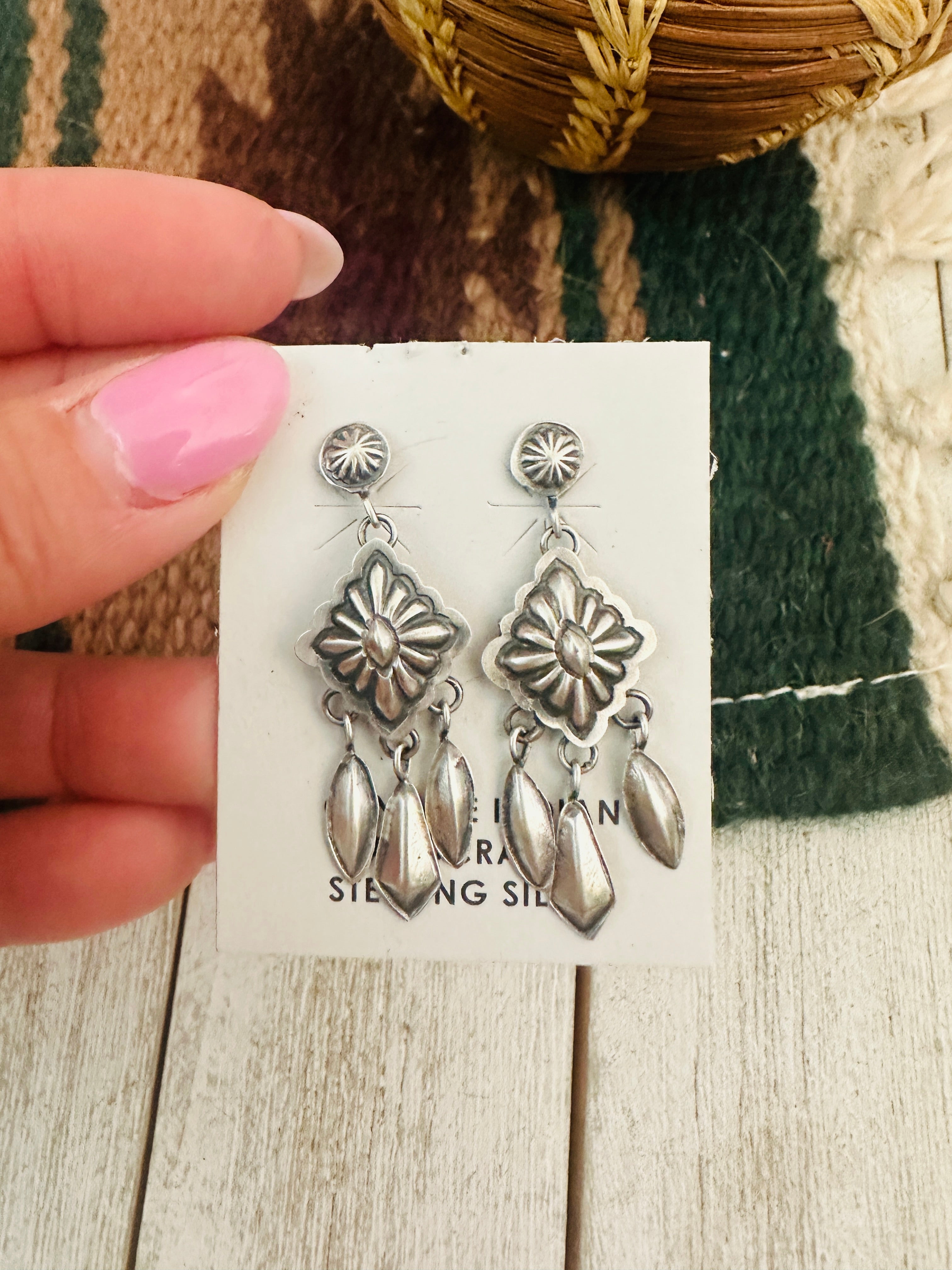 Navajo Hand Stamped Sterling Silver Concho Tassel Dangle Earrings