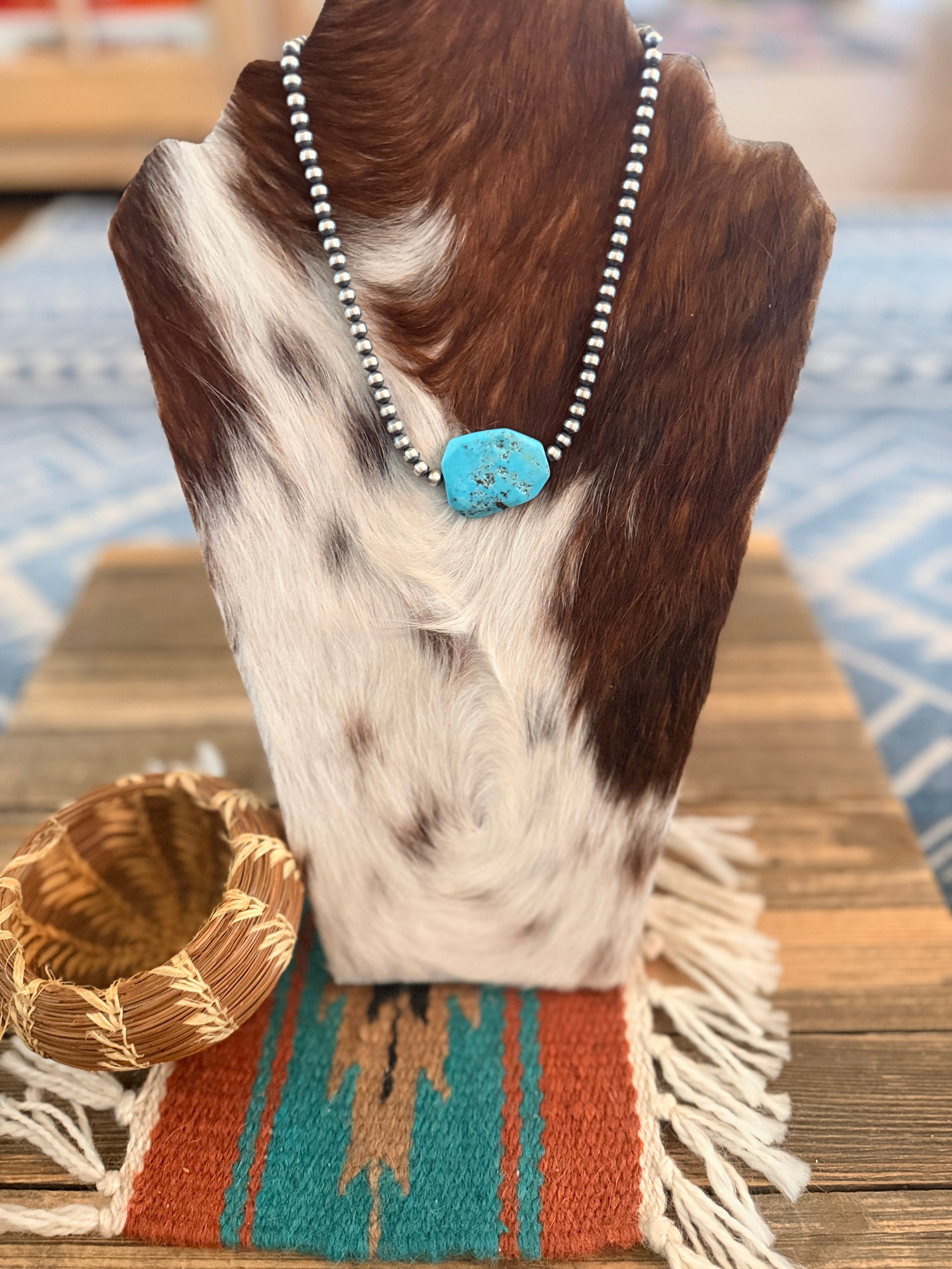 Handcrafted Kingman Turquoise & Sterling Silver Pearl 16” Beaded Necklace