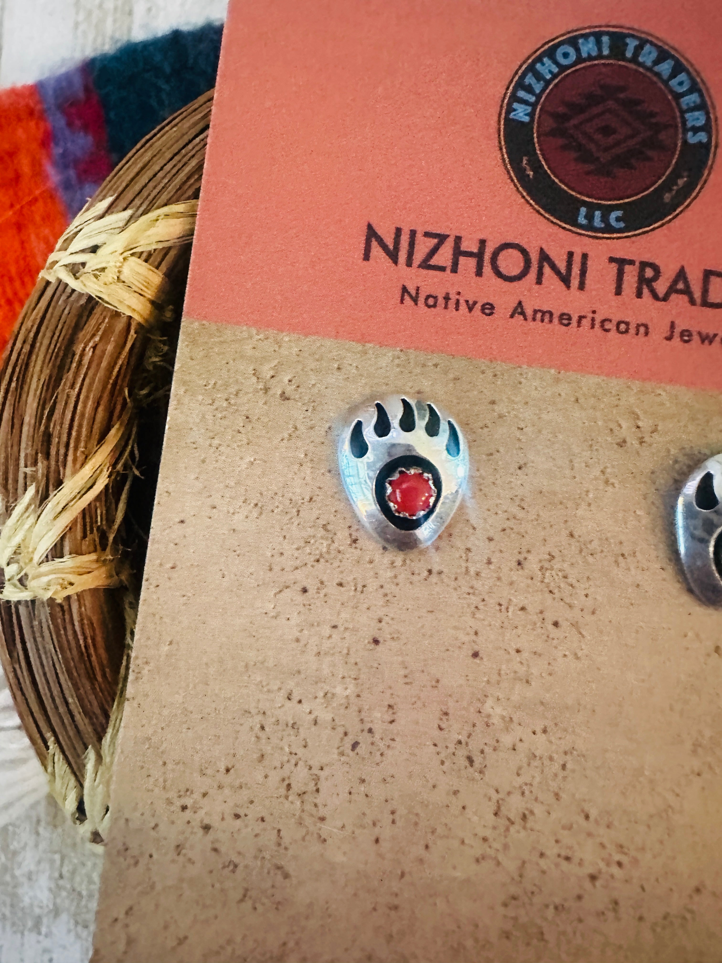 Handcrafted Coral & Sterling Silver Bear Paw Stud Earrings