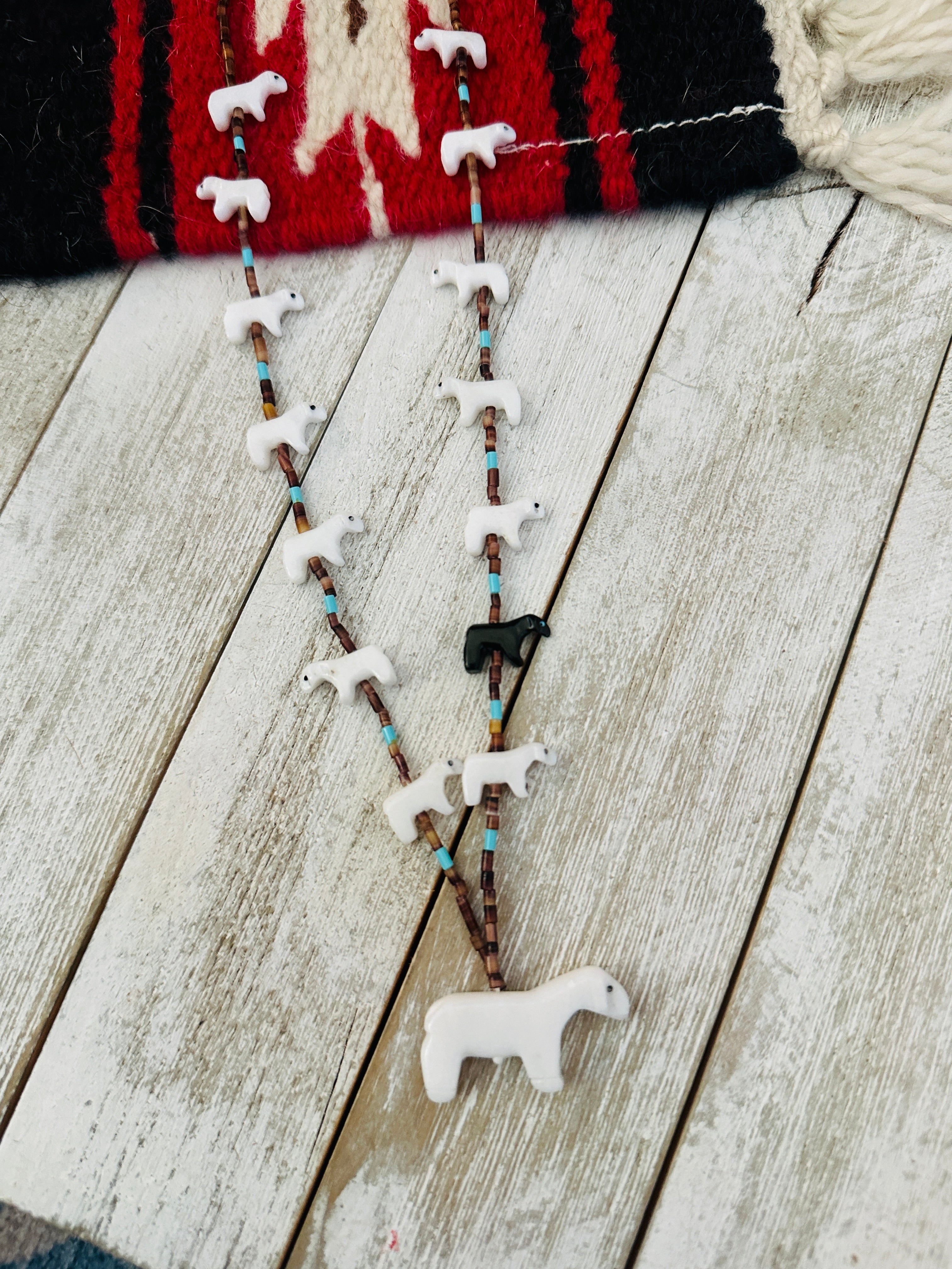 Zuni Multi Stone & Heishi Beaded Bear Fetish Necklace