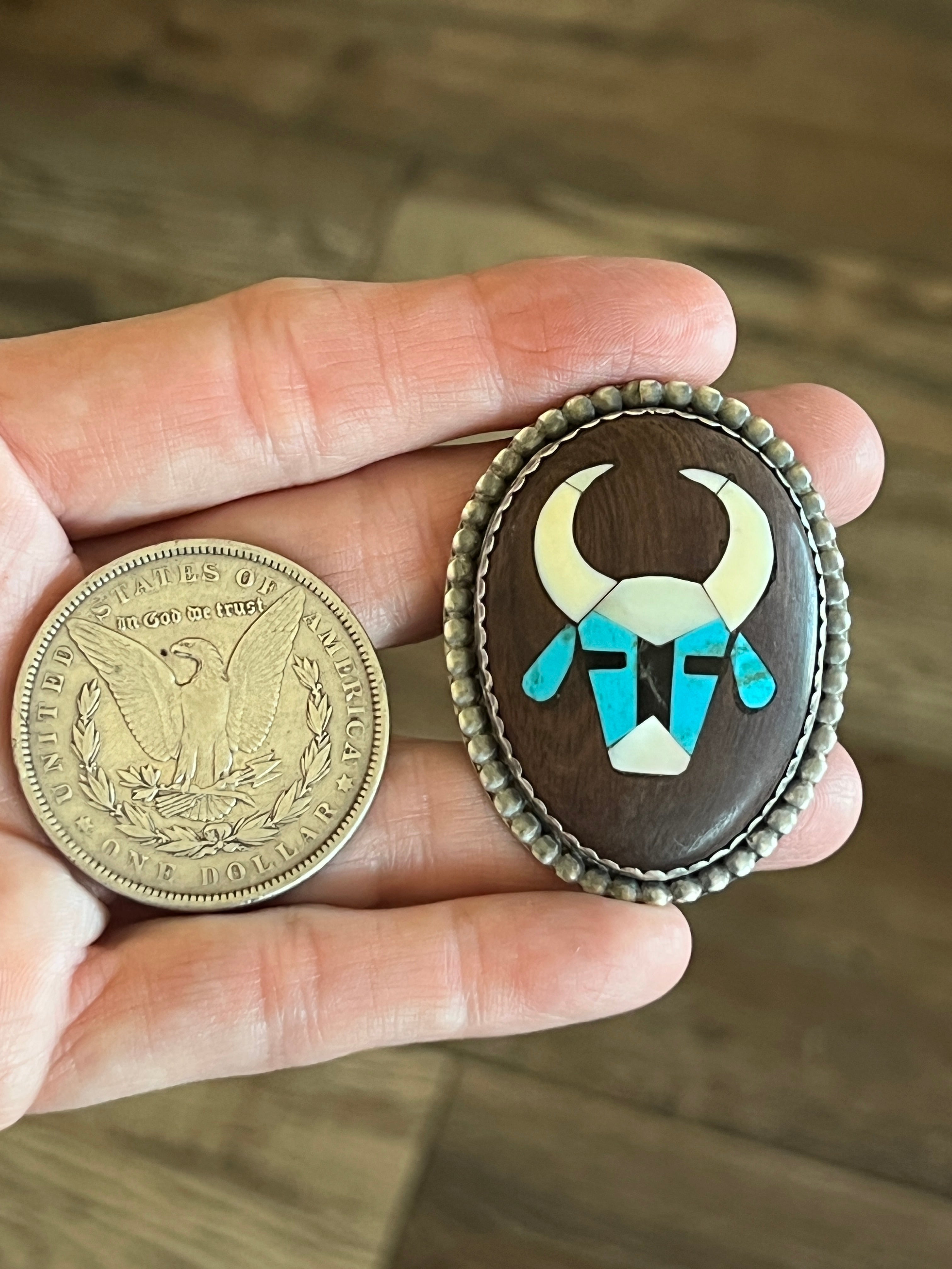 Vintage Sterling Silver and Wood Ring with Turquoise and Mother of Pearl Inlay Steer Head, Size 10.5