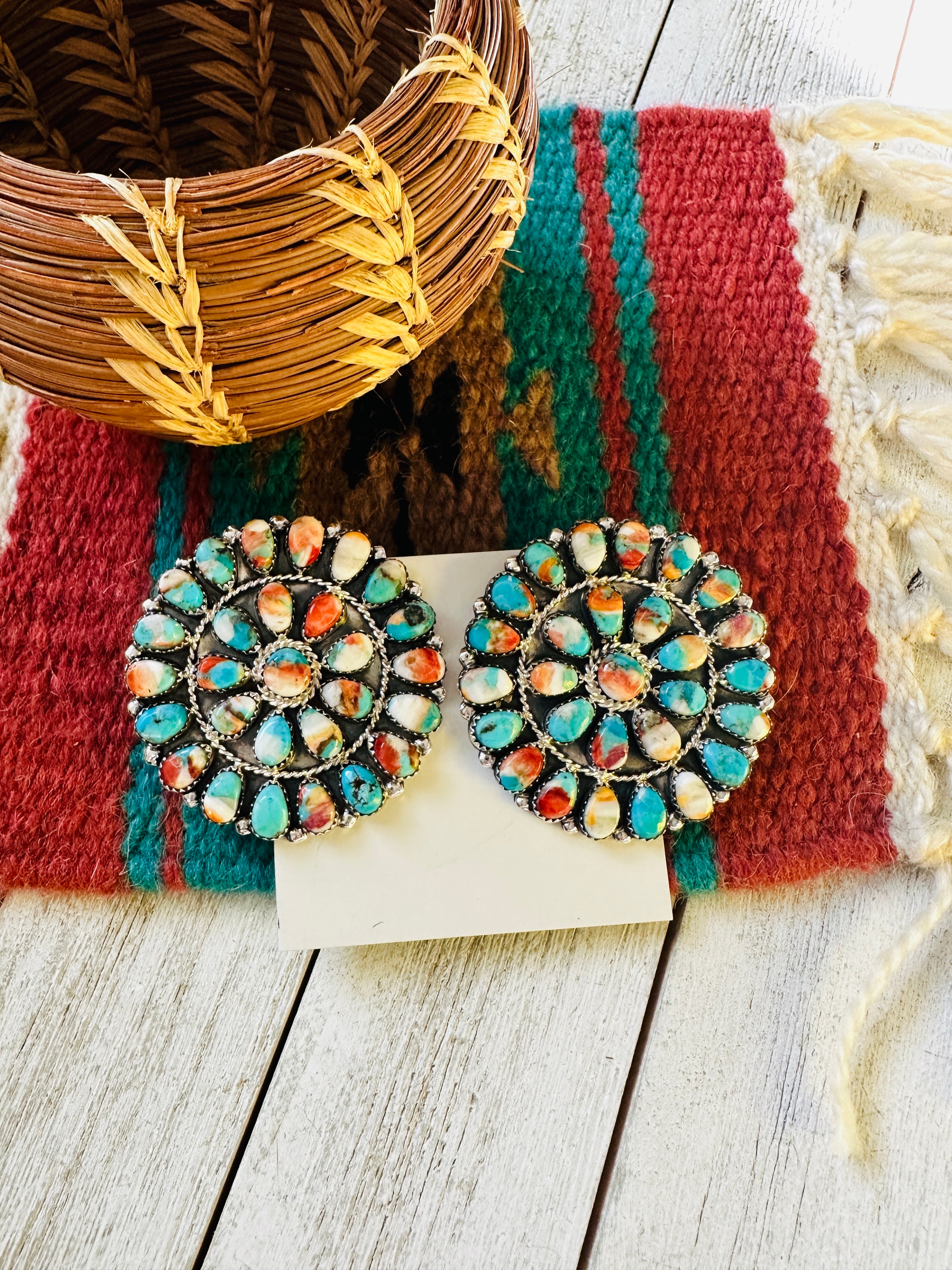 Navajo Multi Stone Spice And Sterling Silver Cluster Post Earrings