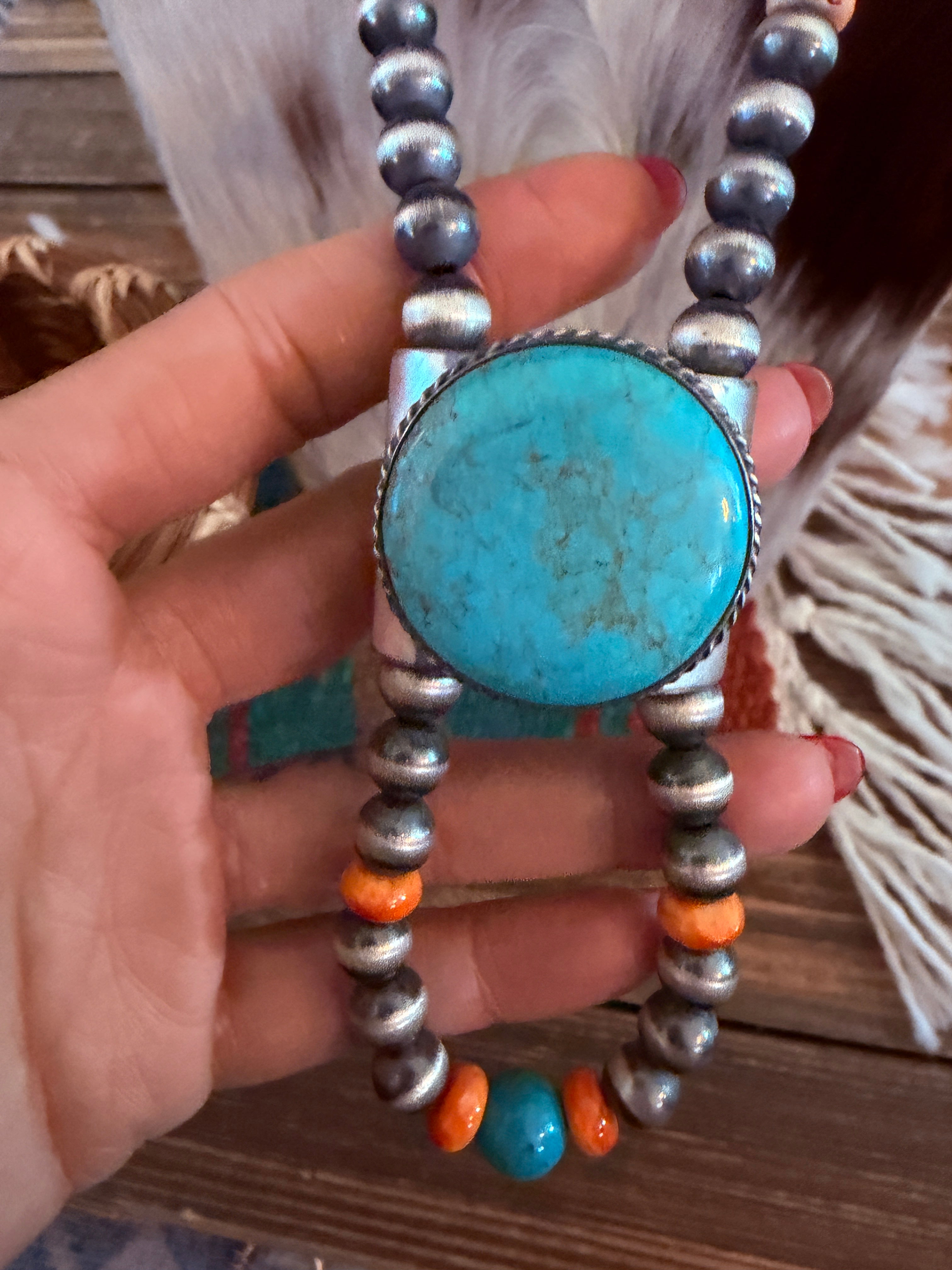 Handcrafted Turquoise, Spiny & Sterling Silver Beaded Jacla Necklace