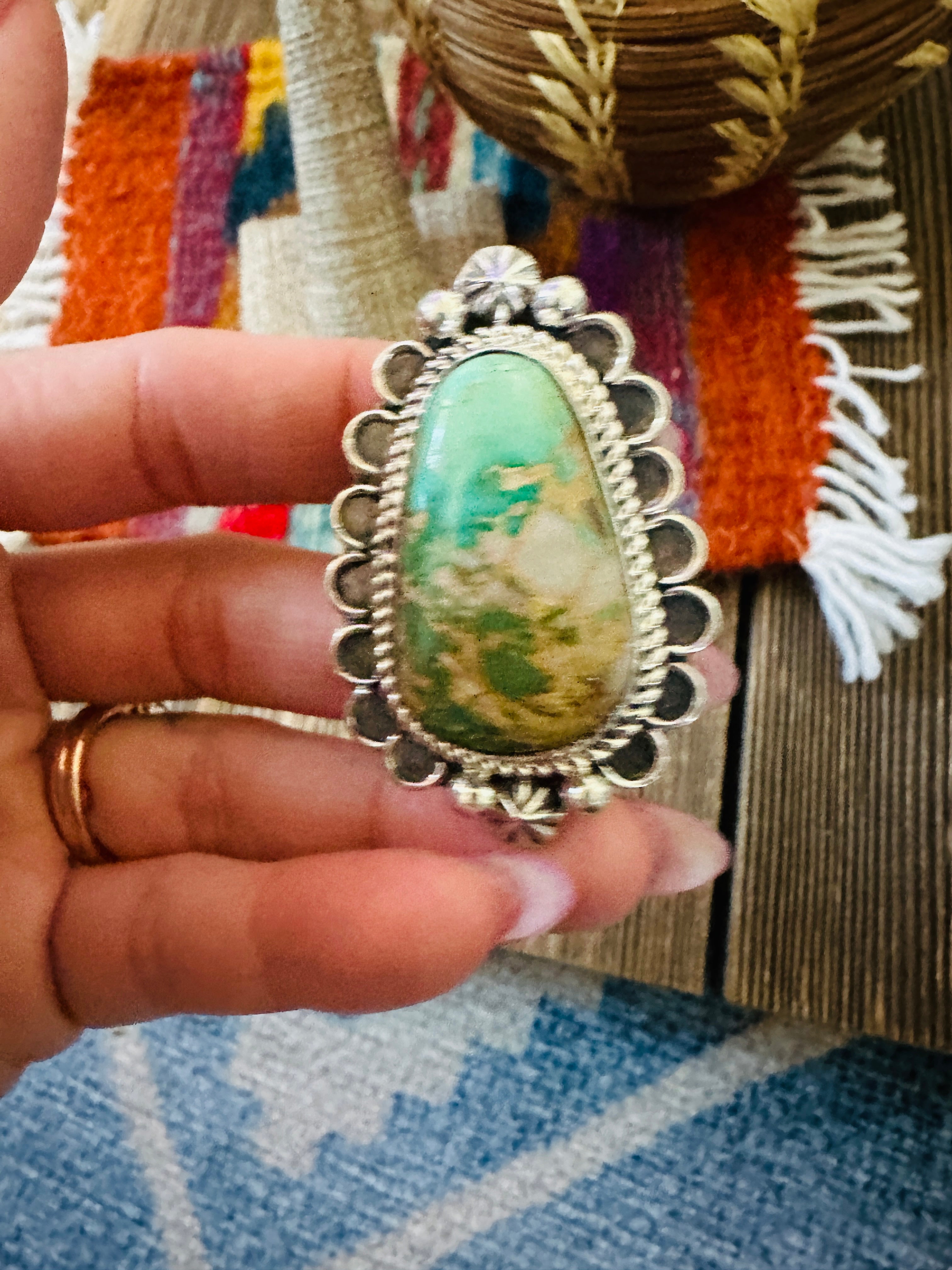 Handcrafted Turquoise & Sterling Silver Ring 9.5 by Rosella Paxson