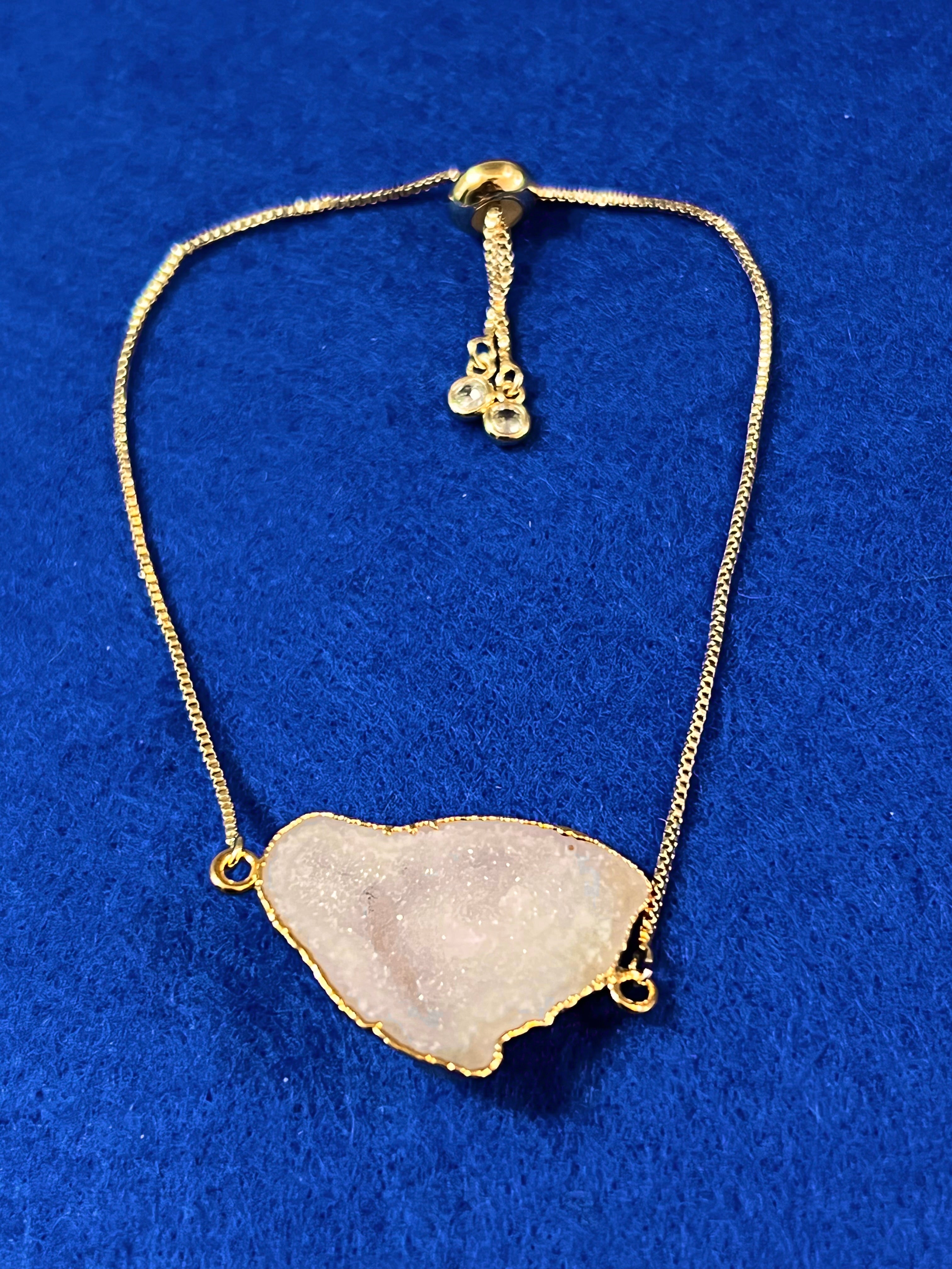 Handmade 14k Gold Druzy Plated Brass & White Geode Adjustable Bracelet
