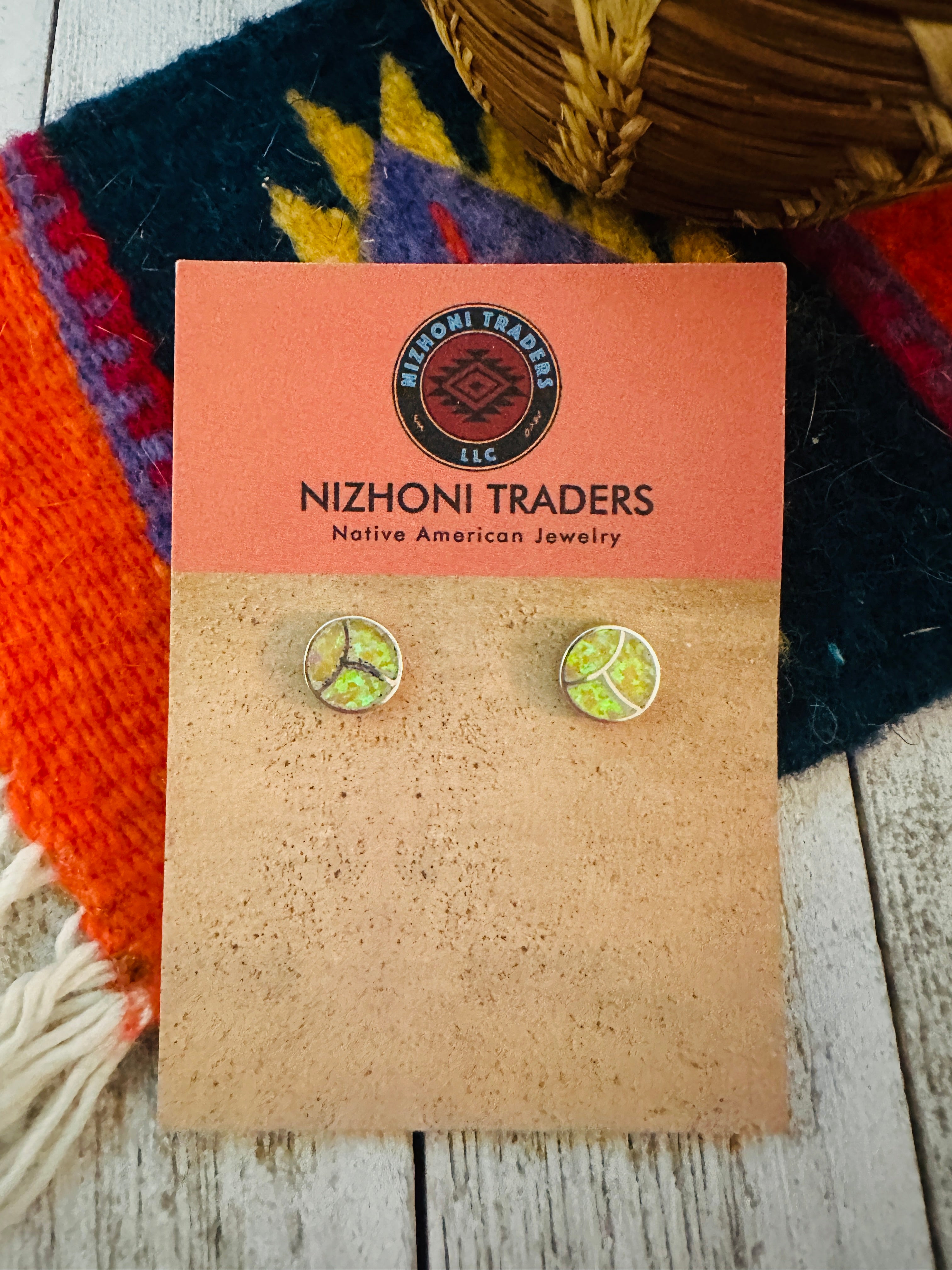 Zuni Yellow Opal & Sterling Silver Inlay Stud Earrings