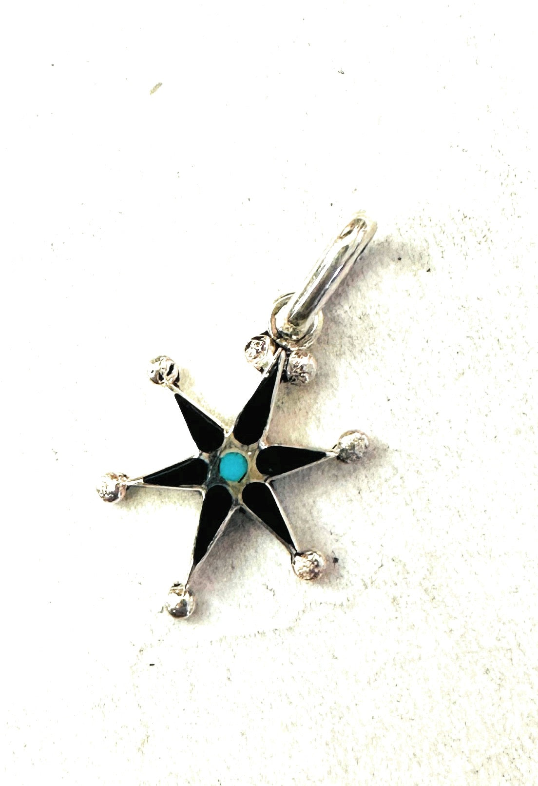 Zuni Sterling Silver, Onyx & Turquoise Mini Star Pendant Signed