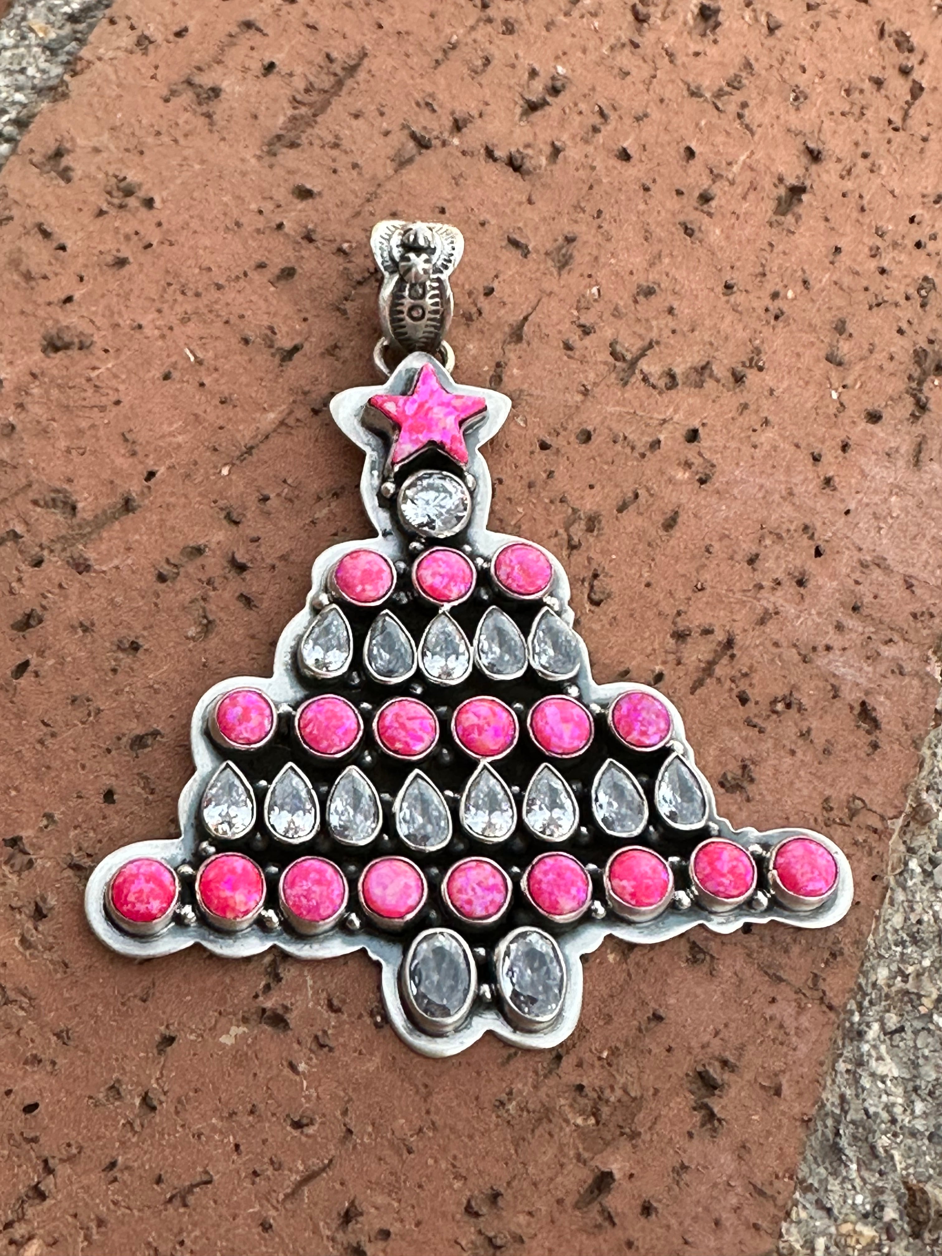 Handmade Sterling Silver & Hot Pink Opal Christmas Tree Pendant