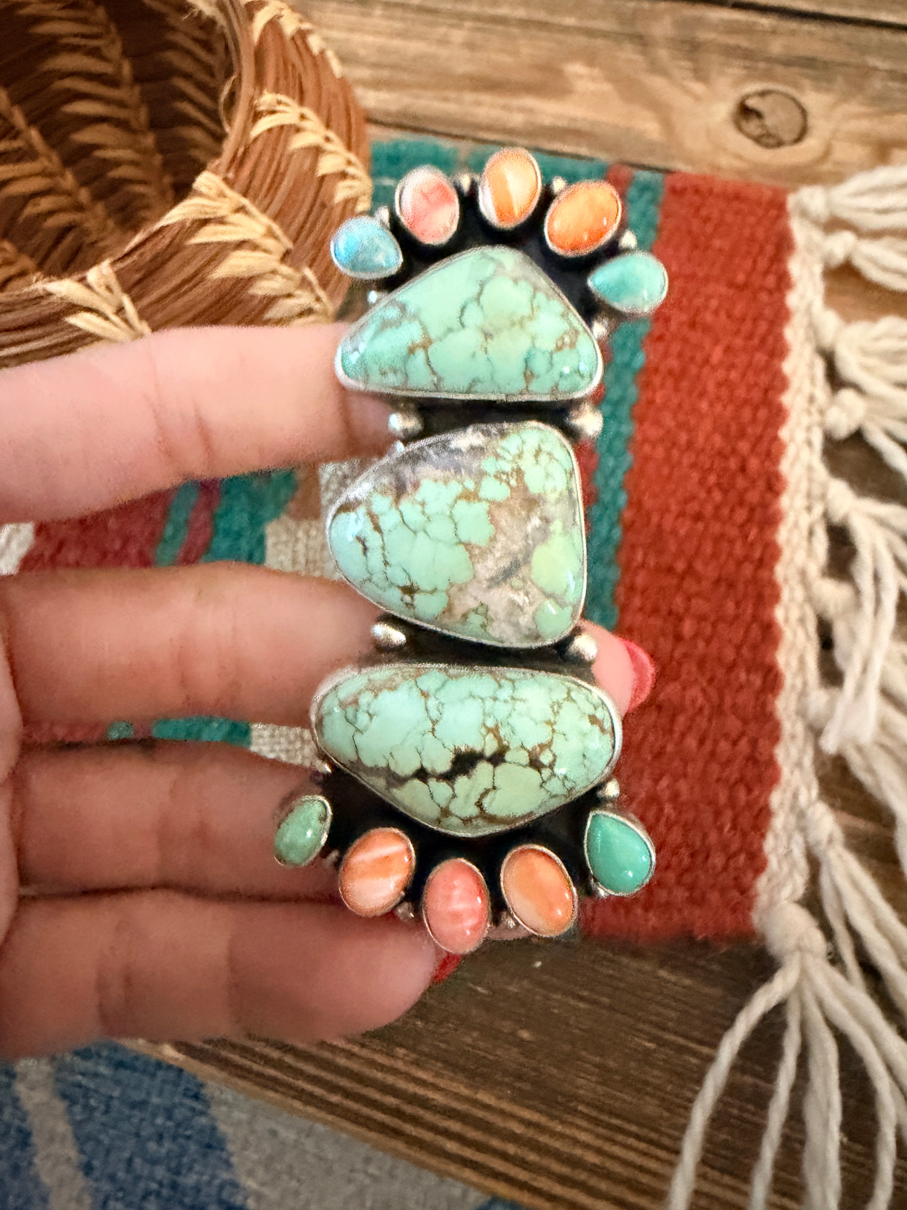 Handcrafted Spiny Oyster, Turquoise & Sterling Silver Cluster Ring by Sheila Becenti Size 10