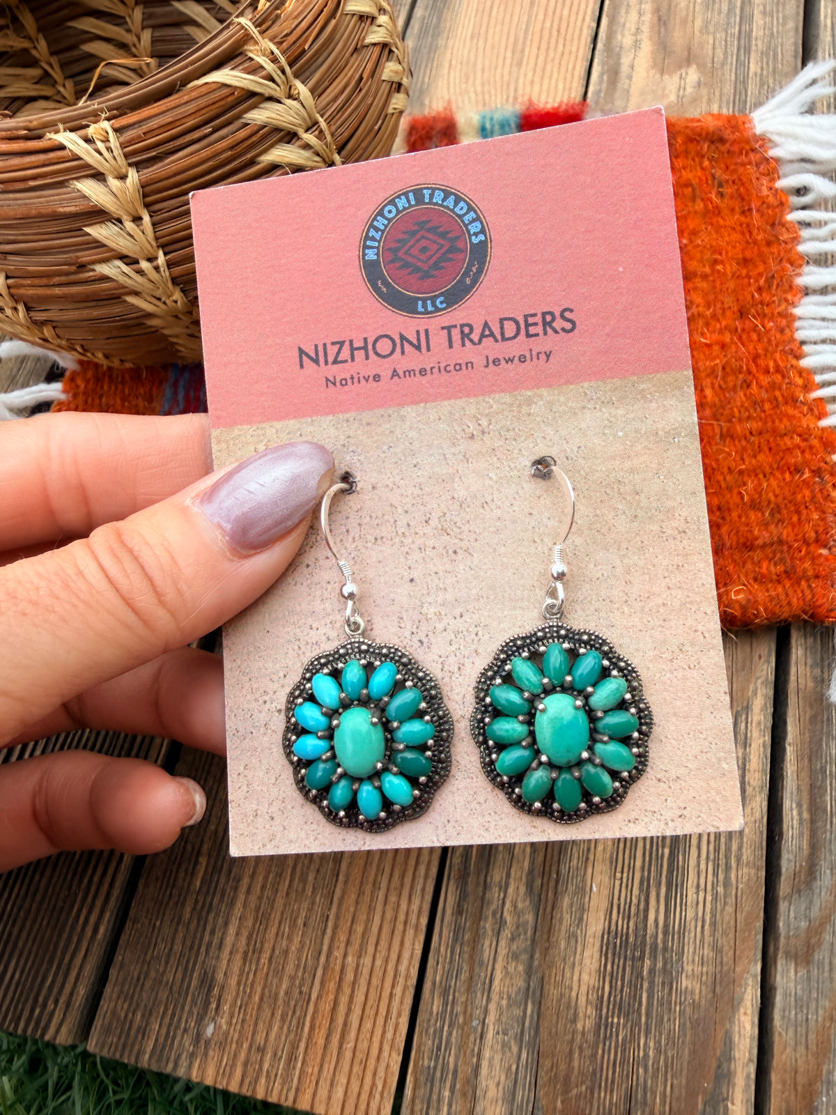 Old Pawn Handmade Sterling Silver & Turquoise Cluster Dangle Earrings