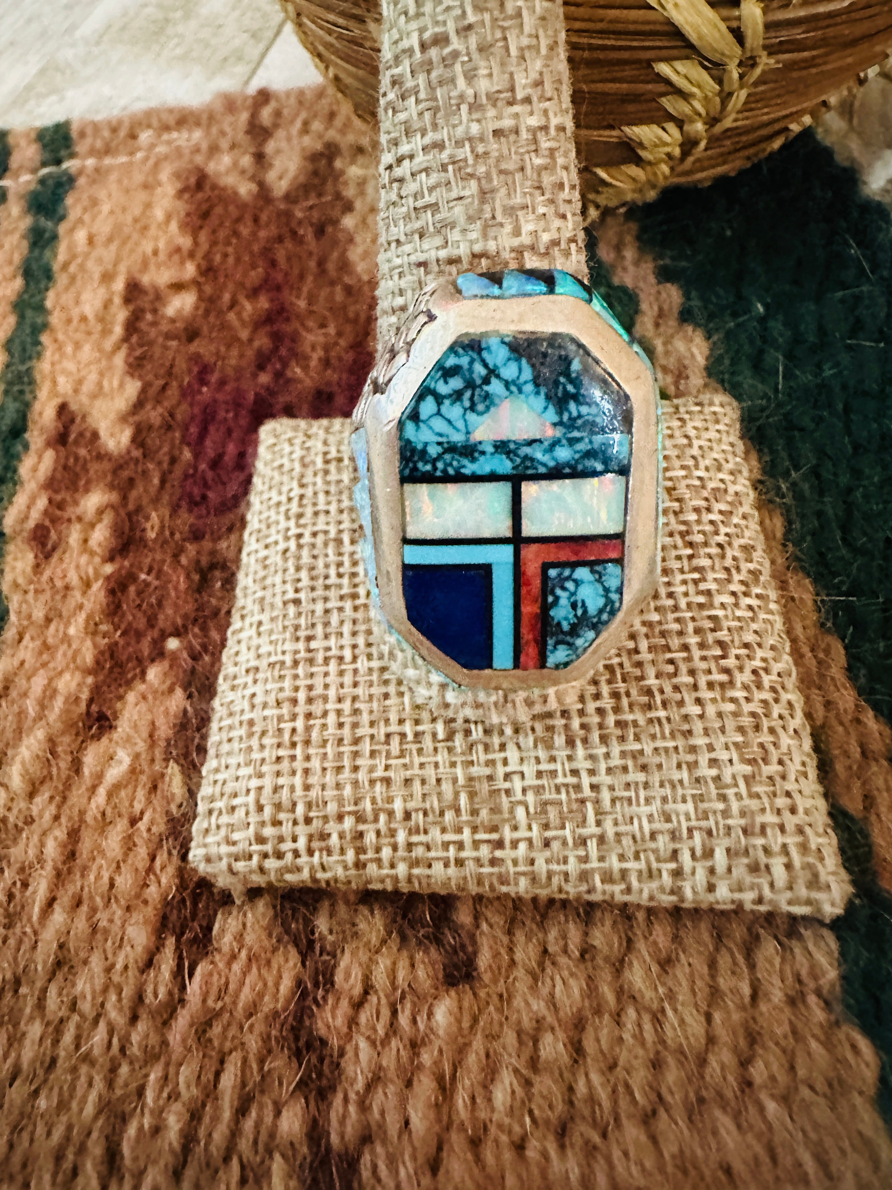 Handcrafted Old Pawn Multi Stone and Sterling Silver Inlay Ring Size 11