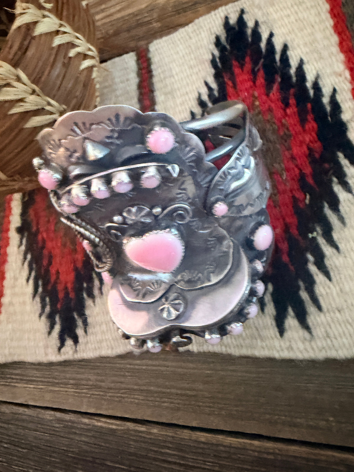Handcrafted Queen Pink Conch & Sterling Silver Saddle Cuff Bracelet by Tim Yazzie