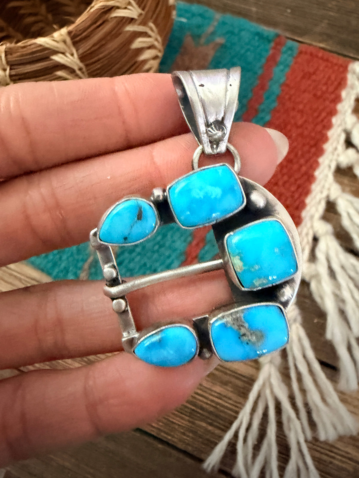Handcrafted Sterling Silver & Turquoise Belt Buckle Pendant by Russell Sam
