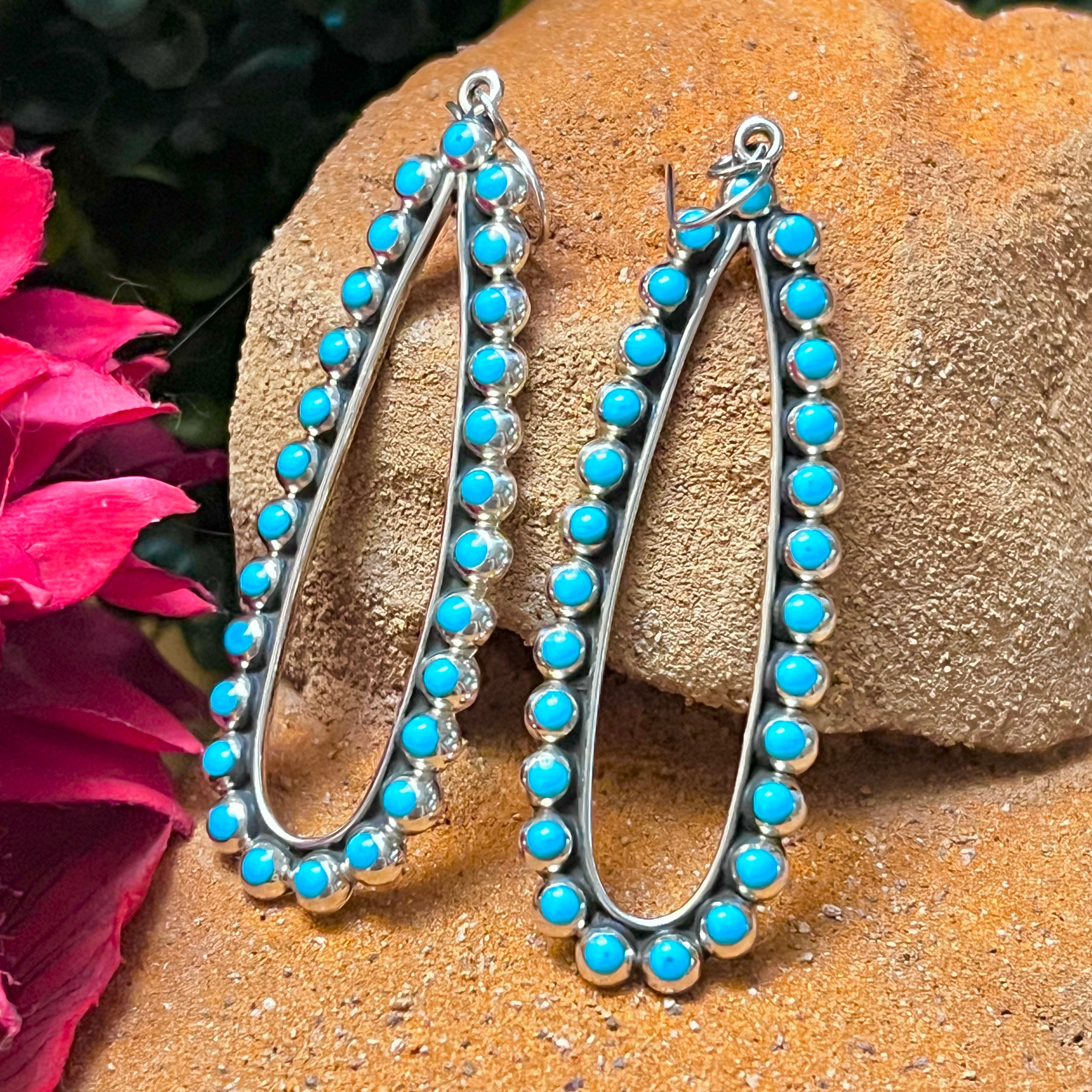 Handmade Sterling Silver & Turquoise Tear Drop Hoop Wire Earrings