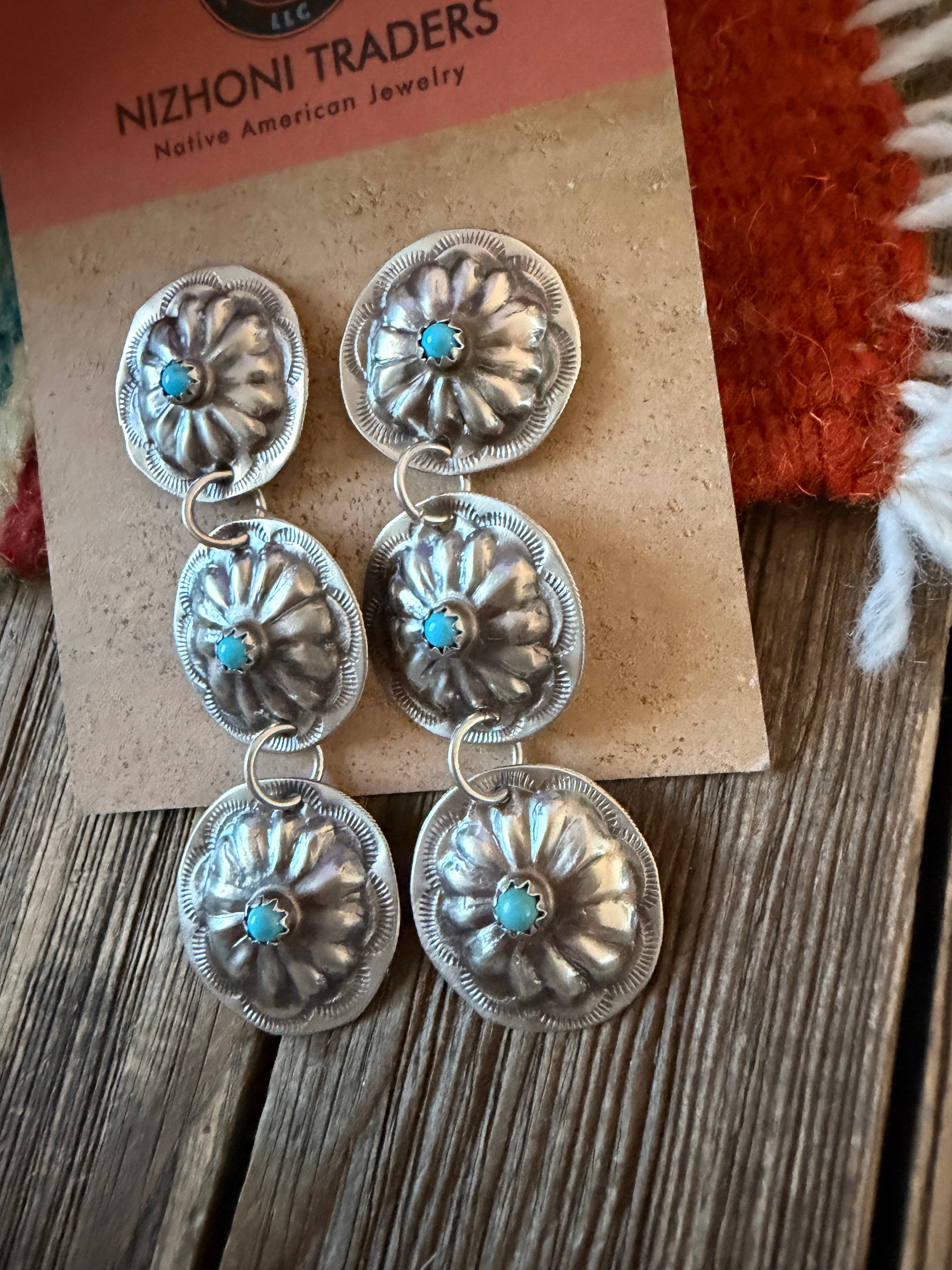 Handcrafted Turquoise & Sterling Silver Concho Dangle Earrings