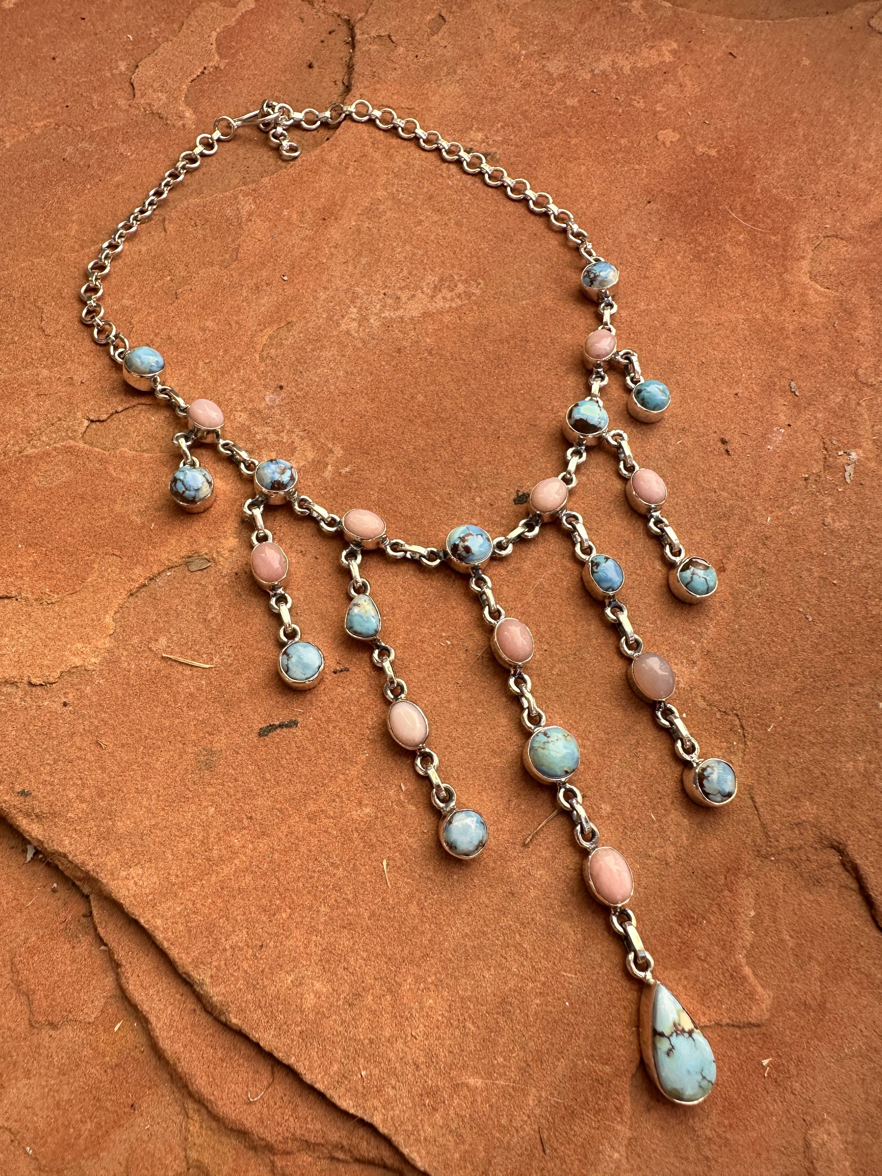 Handmade Sterling Silver, Pink Conch & Golden Hills Turquoise Waterfall Necklace Signed Nizhoni