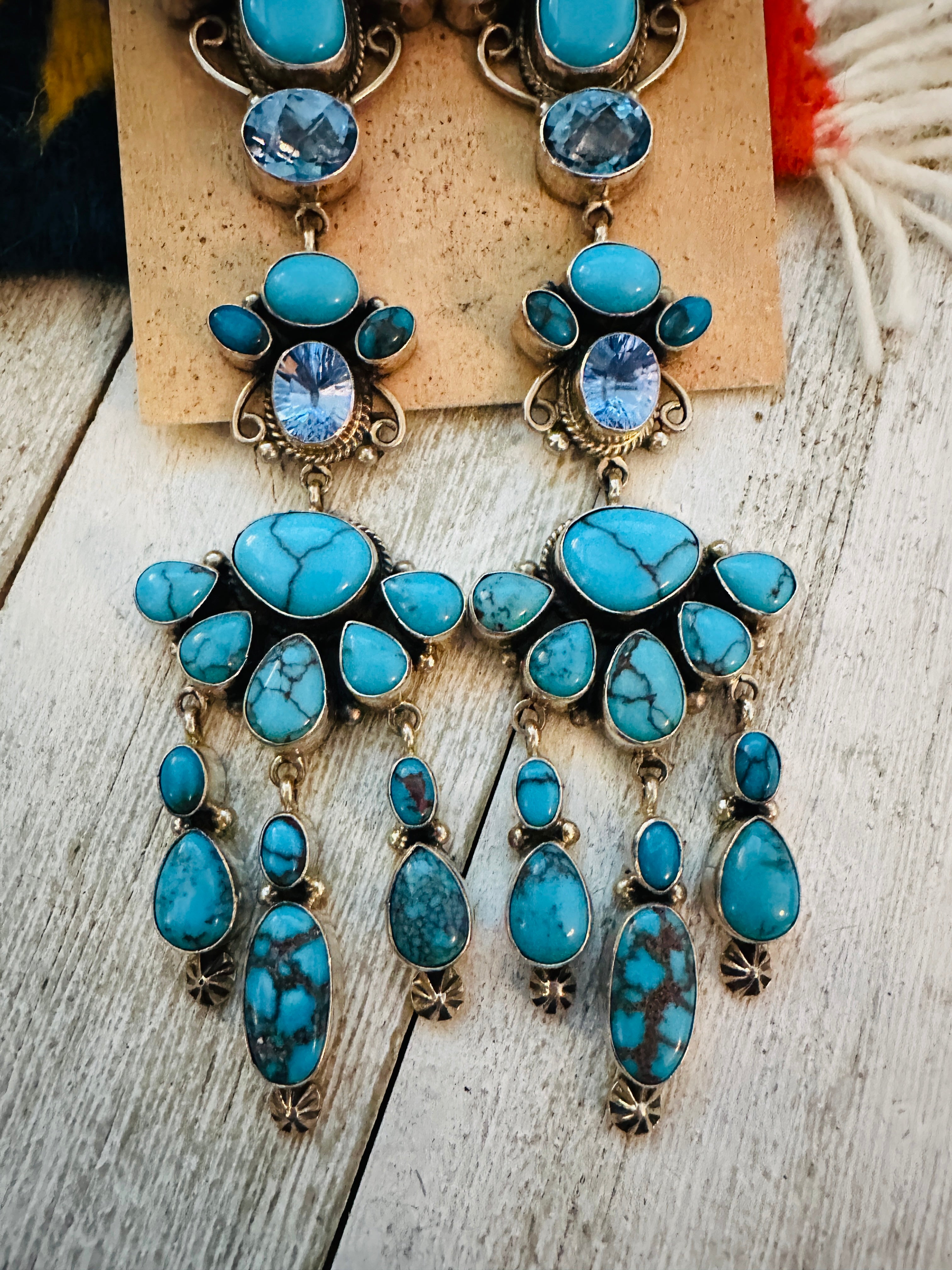 Navajo Turquoise, Topaz & Sterling Silver Chandelier Dangle Earrings