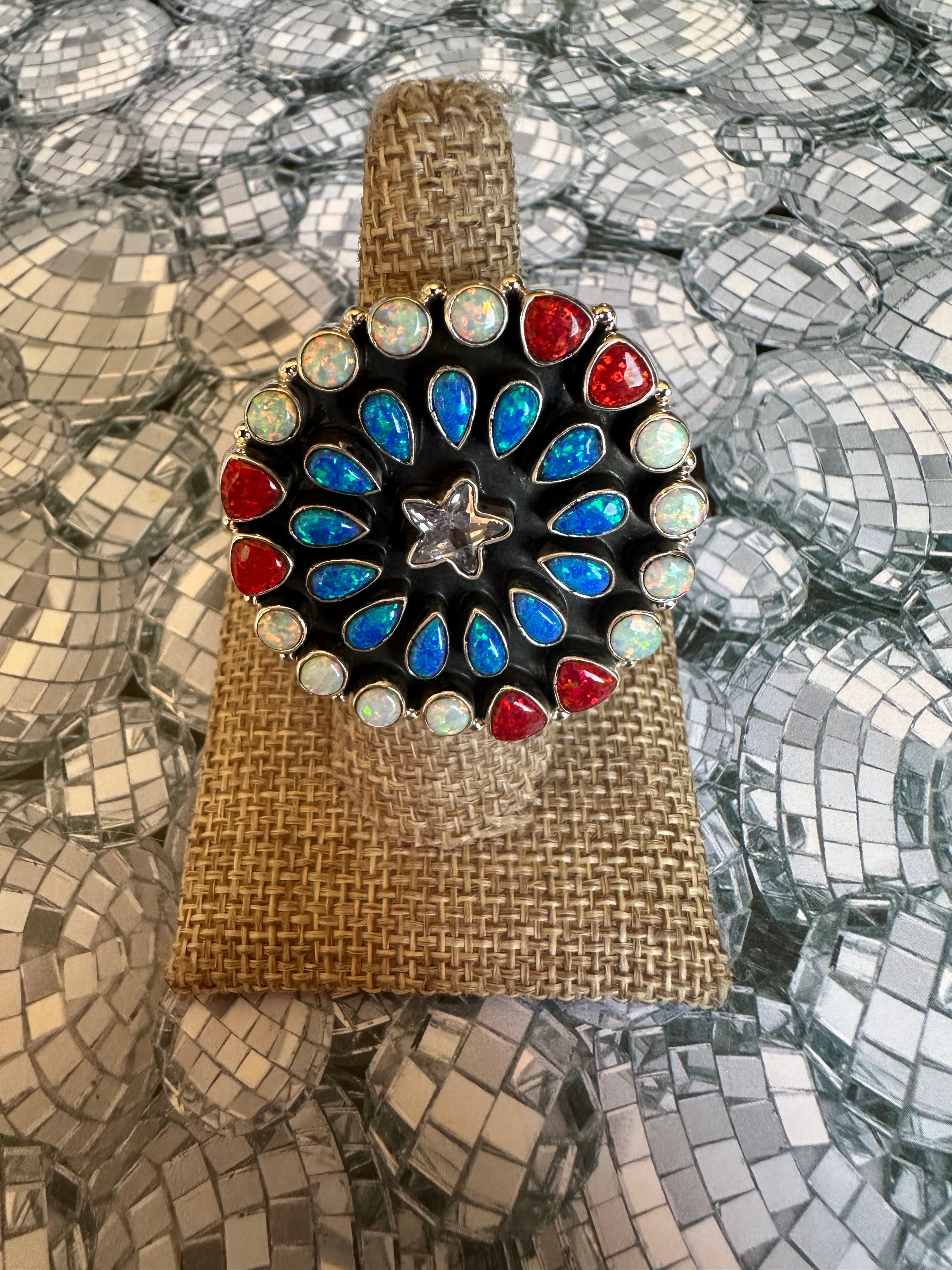 4TH OF JULY COLLECTION Handmade Red, White & Blue Fire Opal & Sterling Silver Adjustable Ring Signed Nizhoni