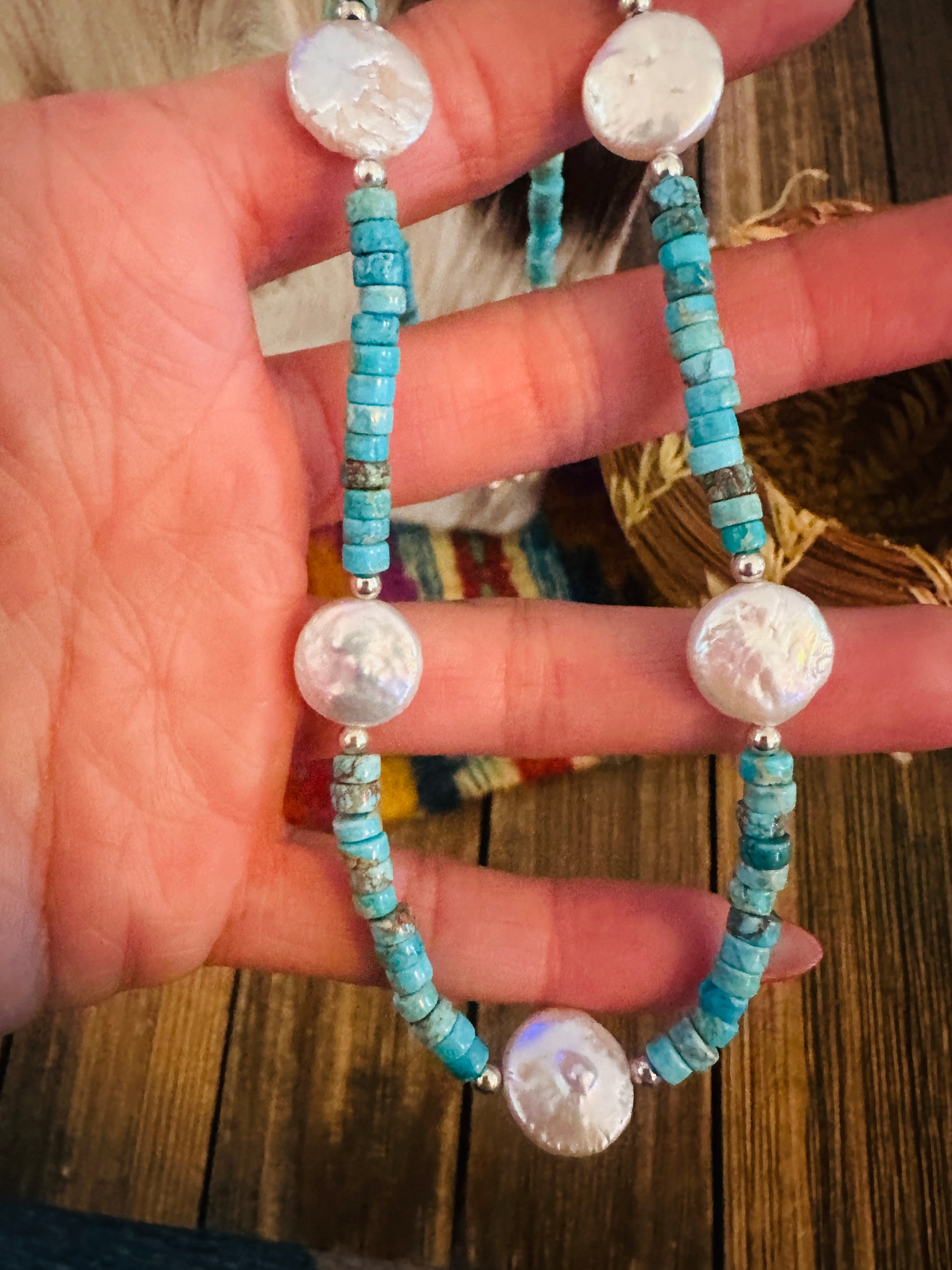 Handcrafted Turquoise, Mother of Pearl & Sterling Silver 16” Beaded Necklace