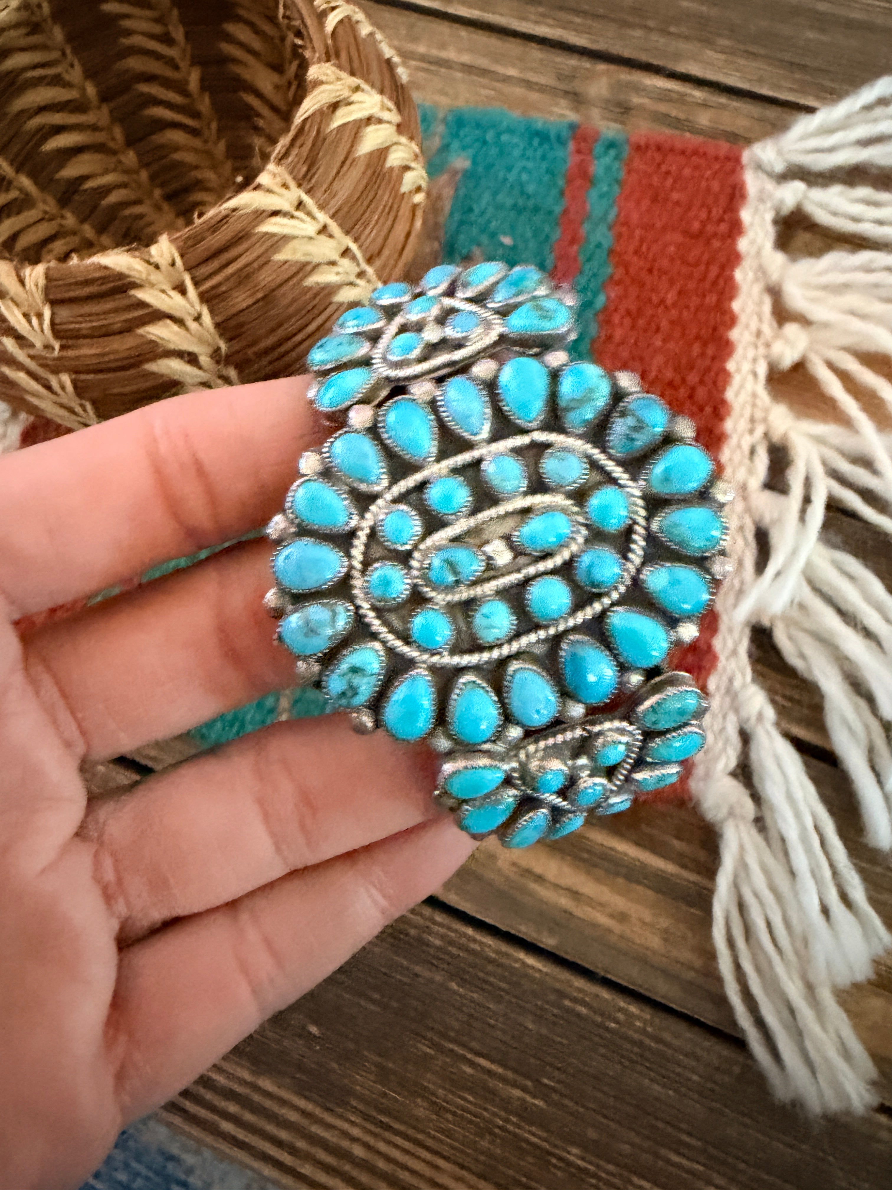 Handcrafted Old Pawn Sterling Silver & Turquoise Cluster Cuff Bracelet