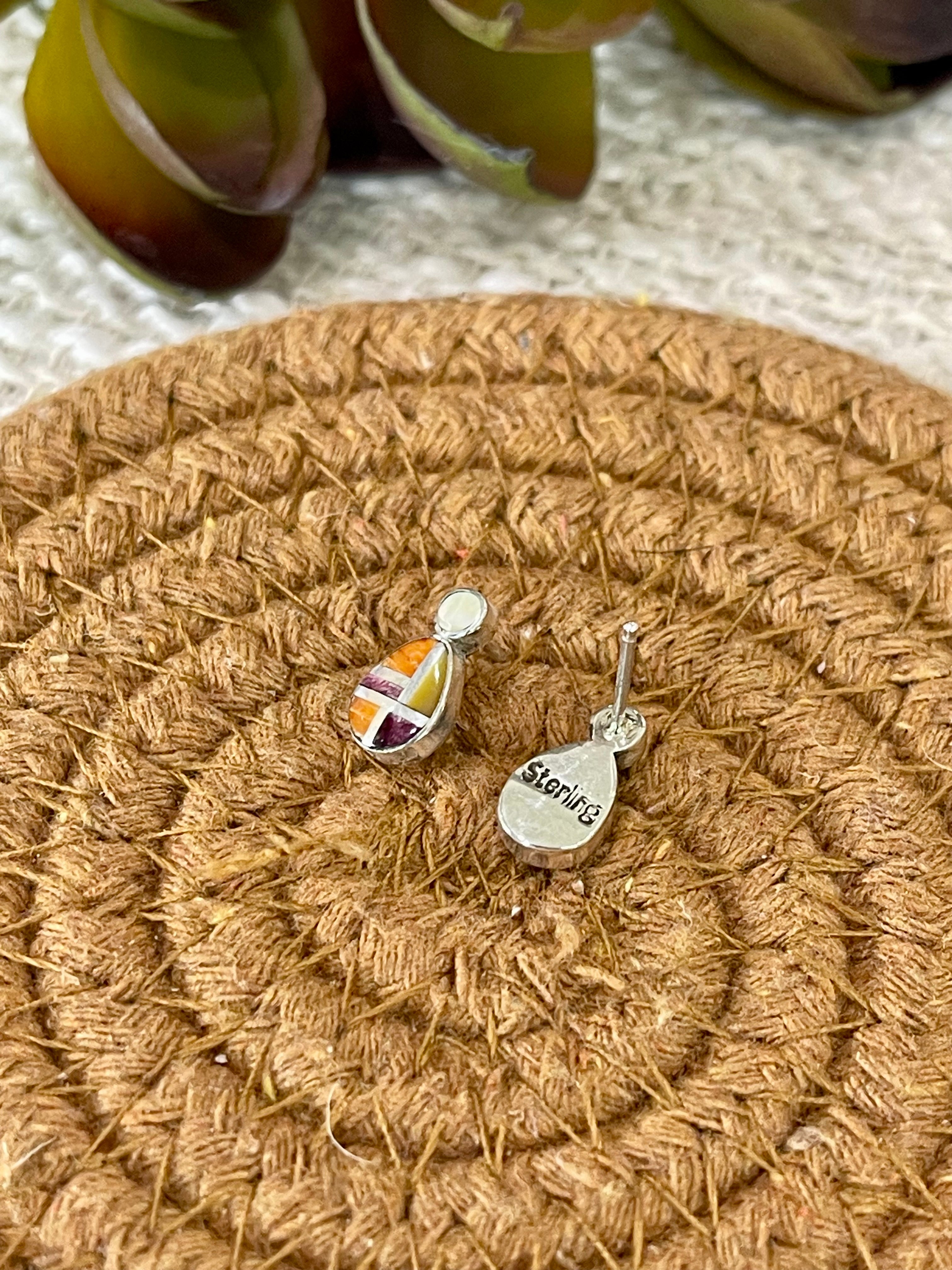 Gorgeous Handmade Sterling Silver & Multi Stone Inlay Post Earrings