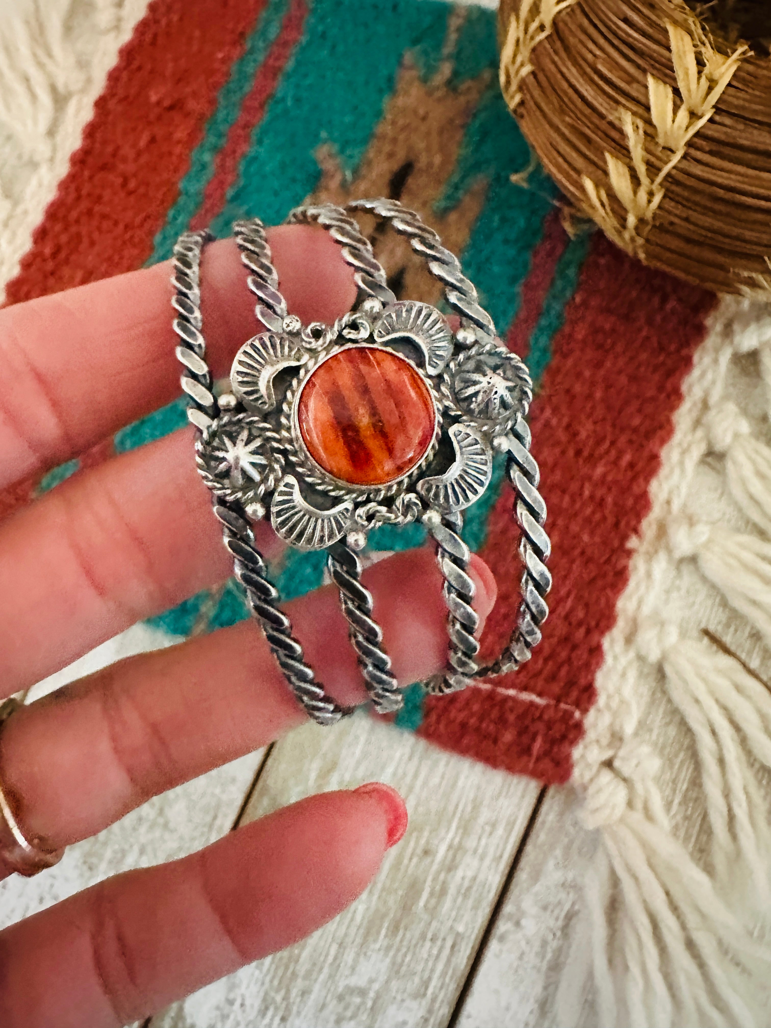 Handcrafted Sterling Silver & Orange Spiny Oyster Cuff Bracelet
