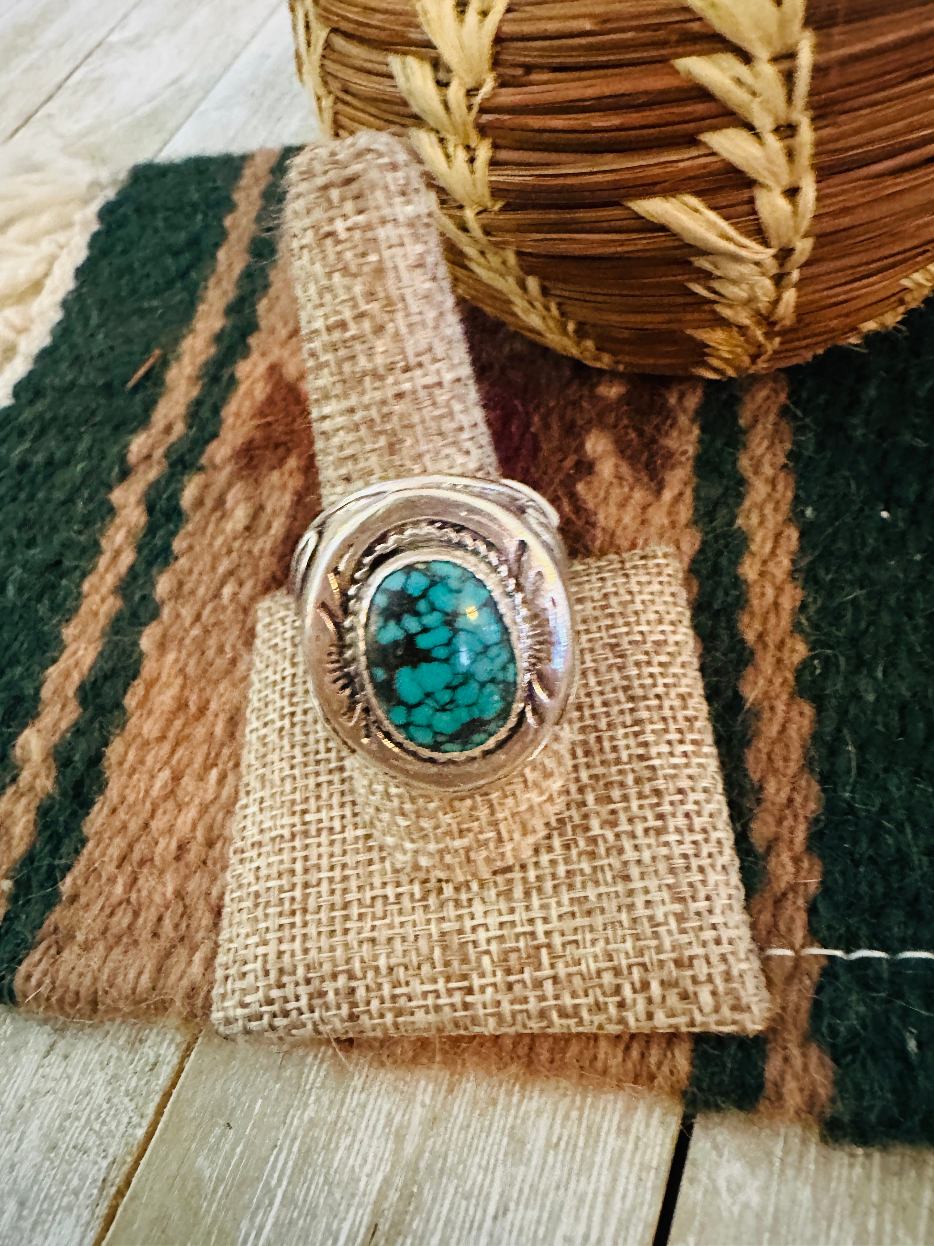 Old Pawn Handcrafted Turquoise & Sterling Silver Ring Size 9.5