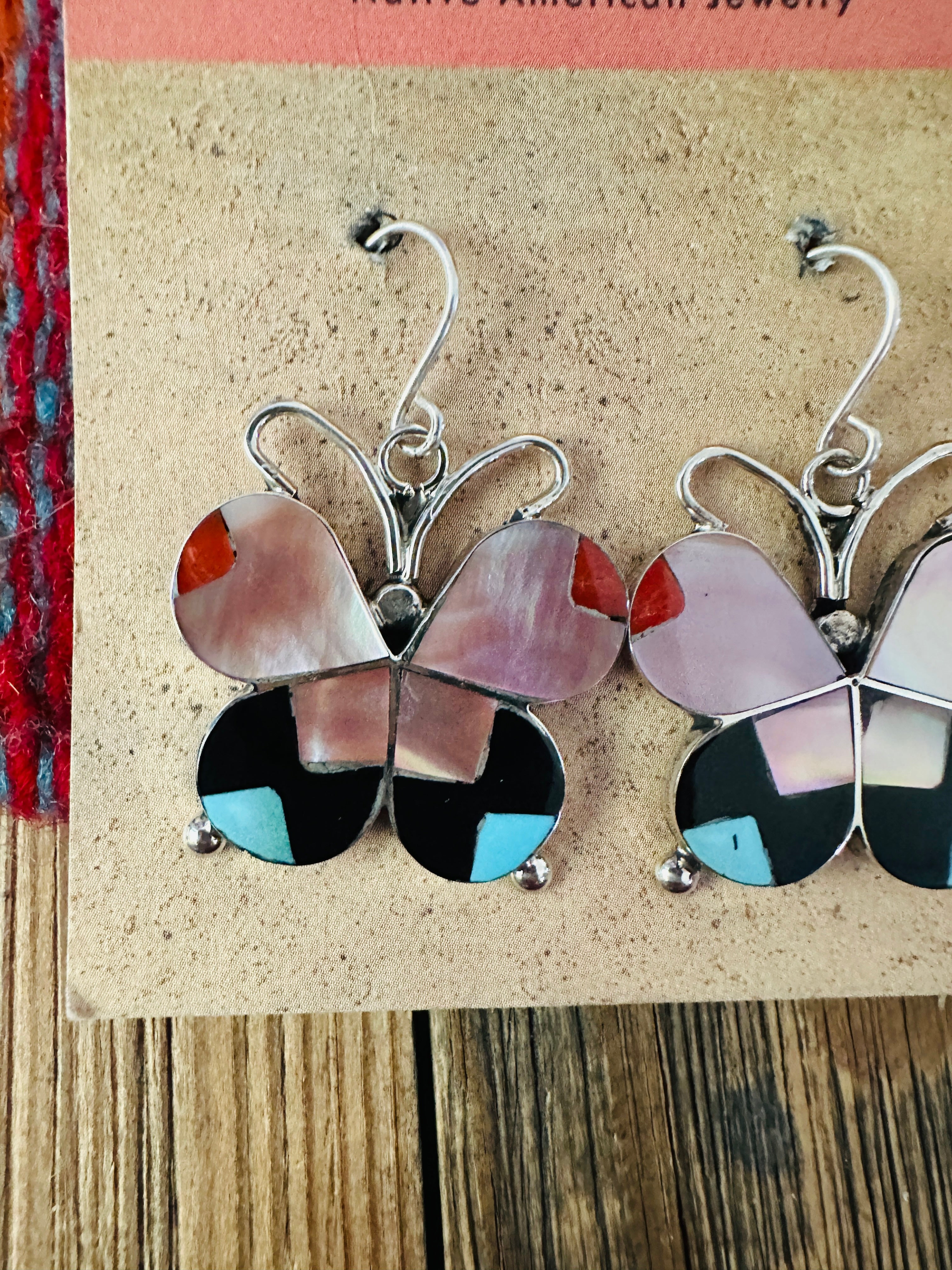 Handcrafted Multi Stone & Sterling Silver Inlay Butterfly Dangle Earrings