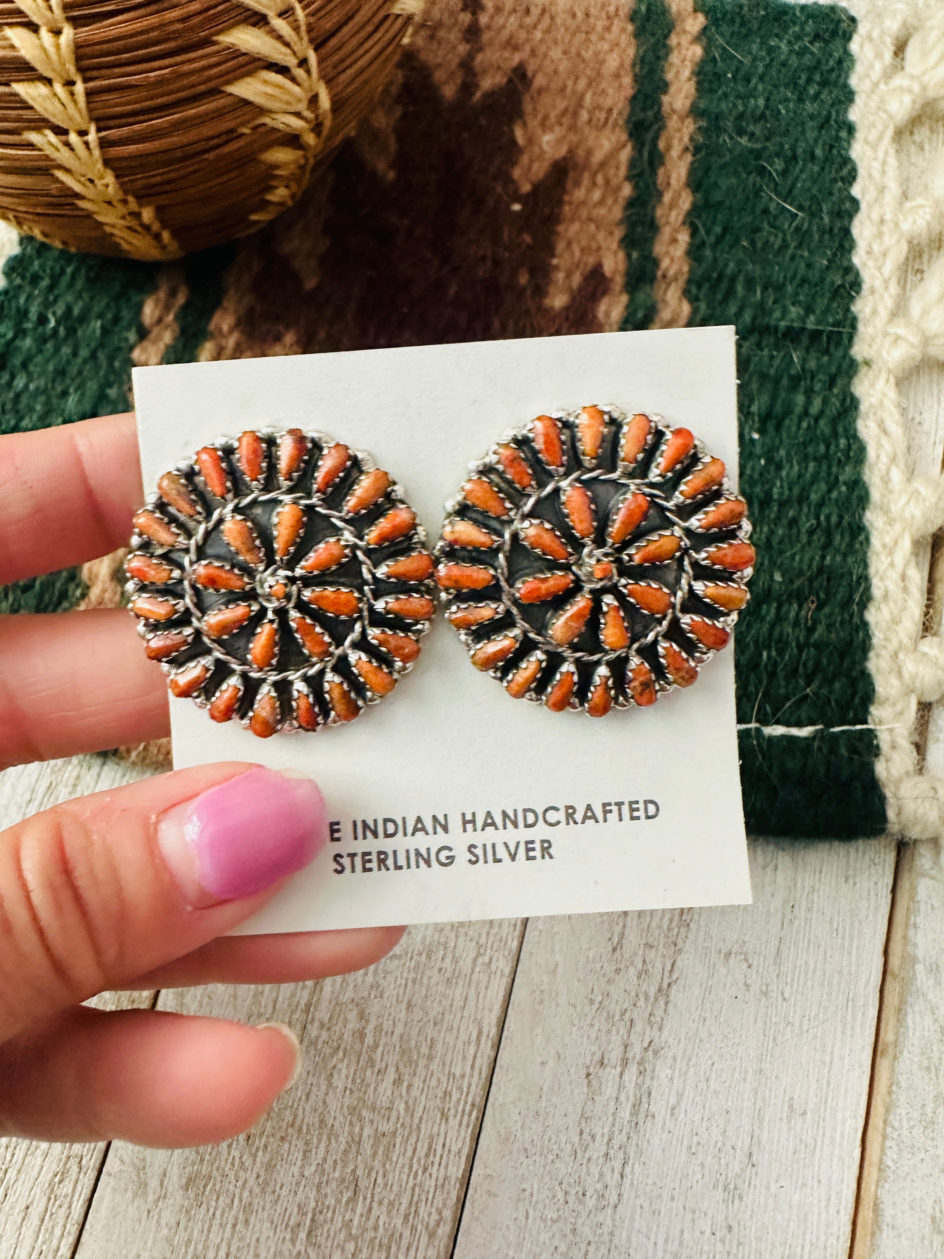 Zuni Sterling Silver & Spiny Oyster Needlepoint Post Earrings