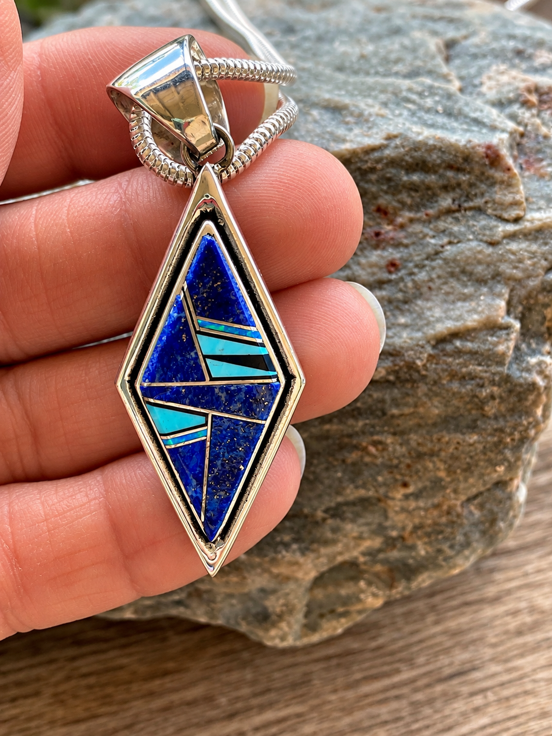Handcrafted Lapis, Turquoise, Blue Opal Diamond Shape Pendant