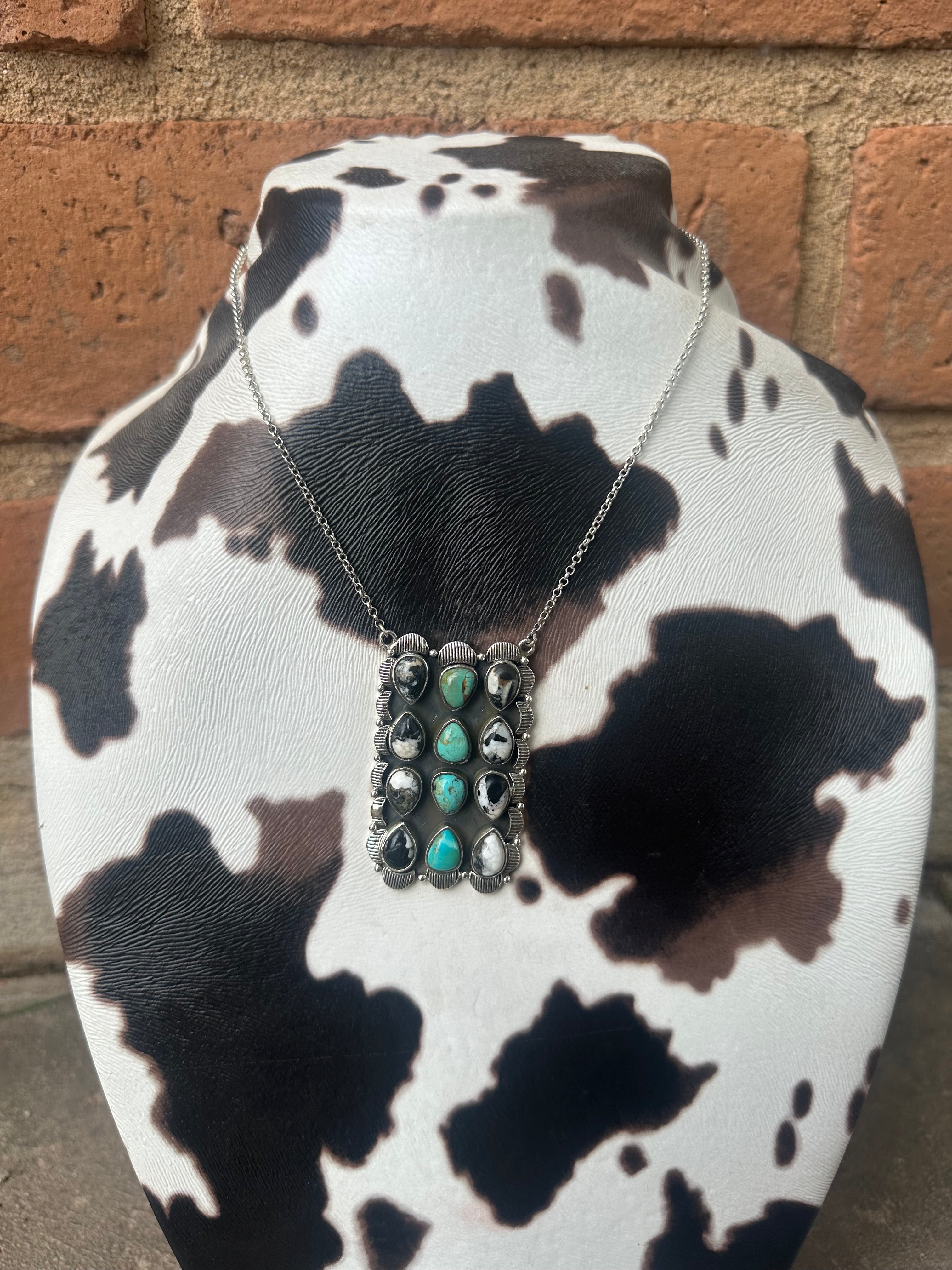 Nizhoni Handmade White Buffalo, Turquoise & Sterling Silver Bar Necklace