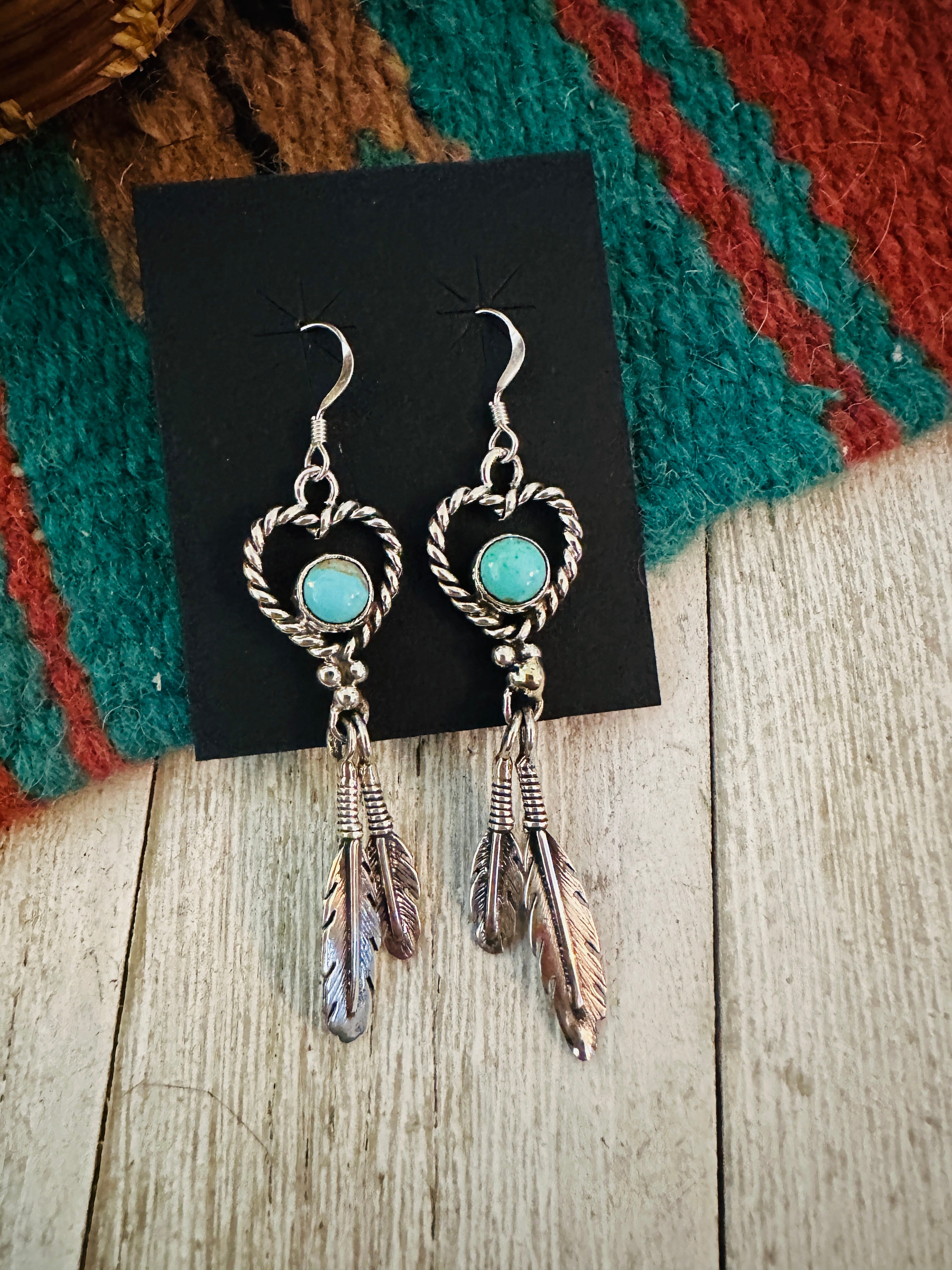 Handcrafted Turquoise & Sterling Silver Heart Feather Dangle Earrings
