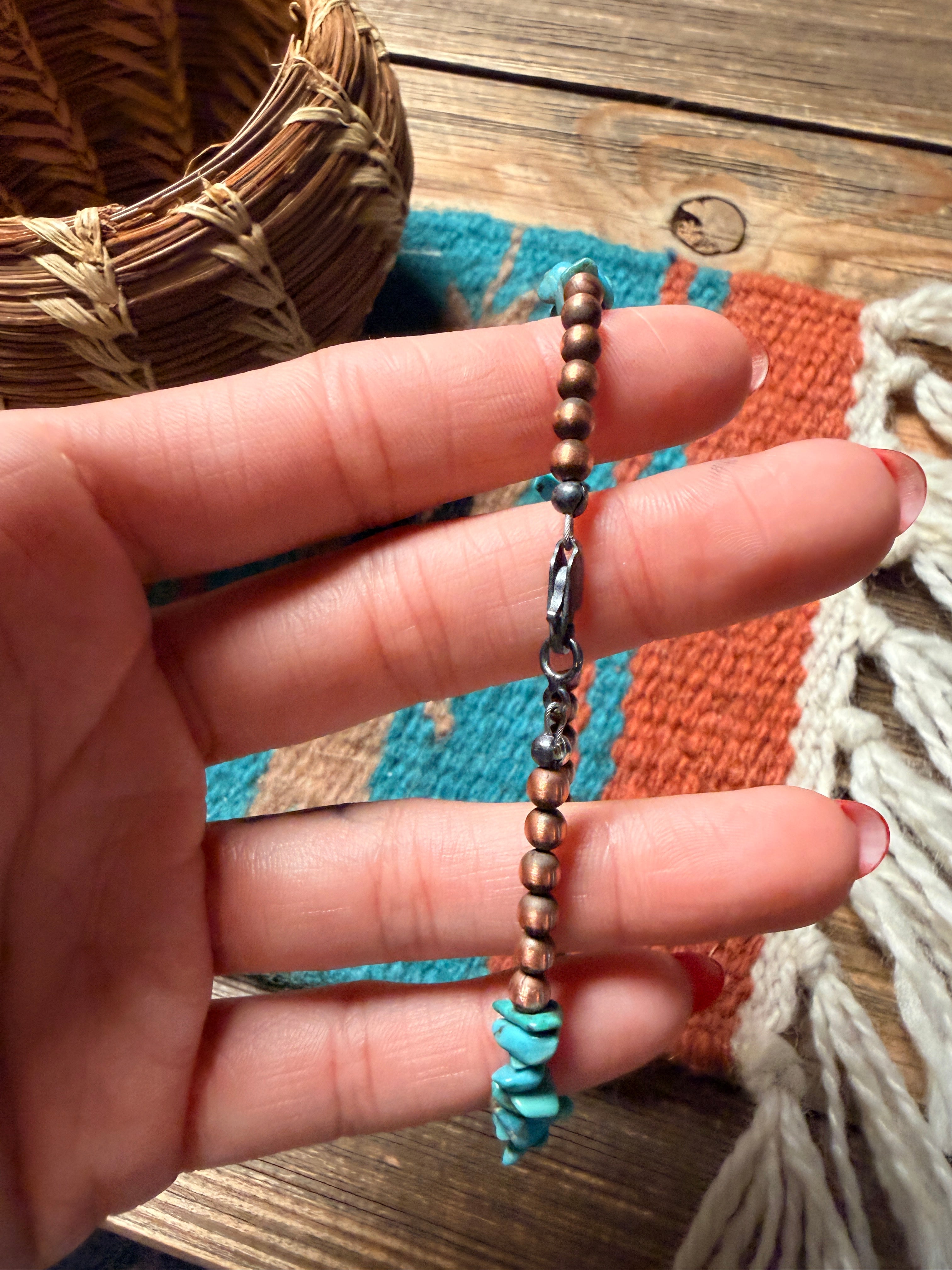 Handcrafted Turquoise & 4mm Copper Beaded Bracelet 7.5”