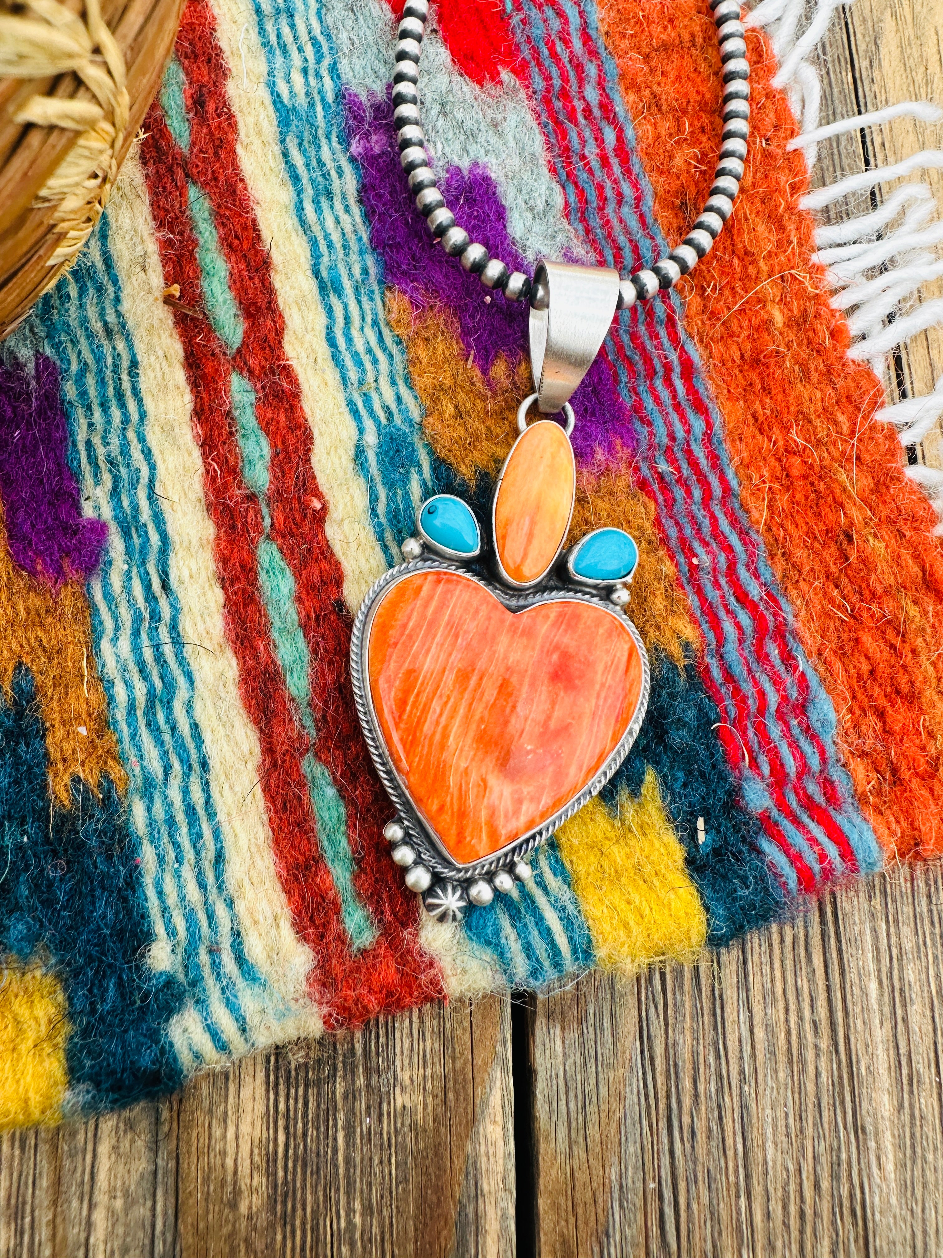 Handcrafted Spiny Oyster, Turquoise & Sterling Silver Heart Pendant