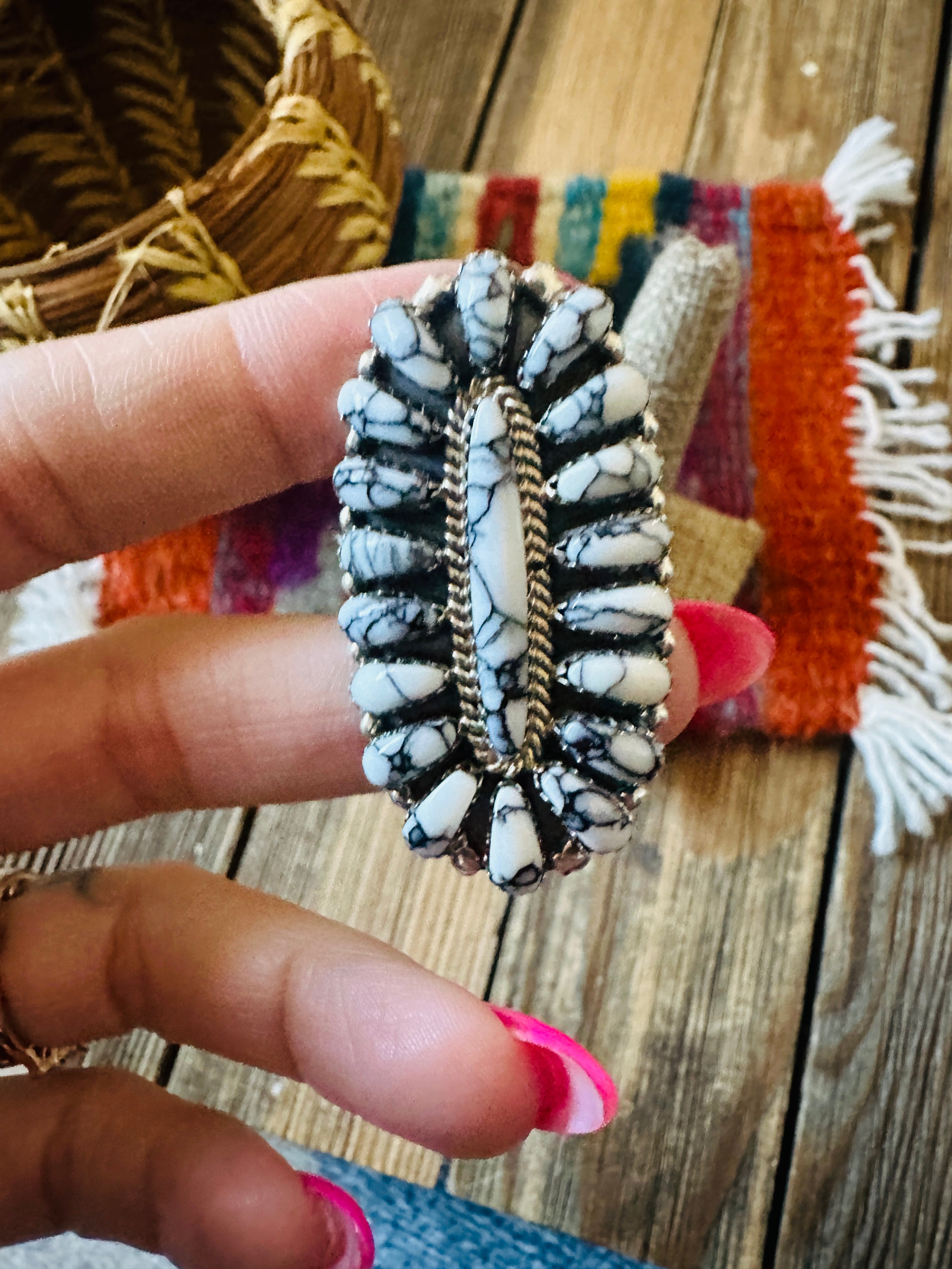 Handcrafted Sterling Silver & Howlite Cluster Ring Size 6