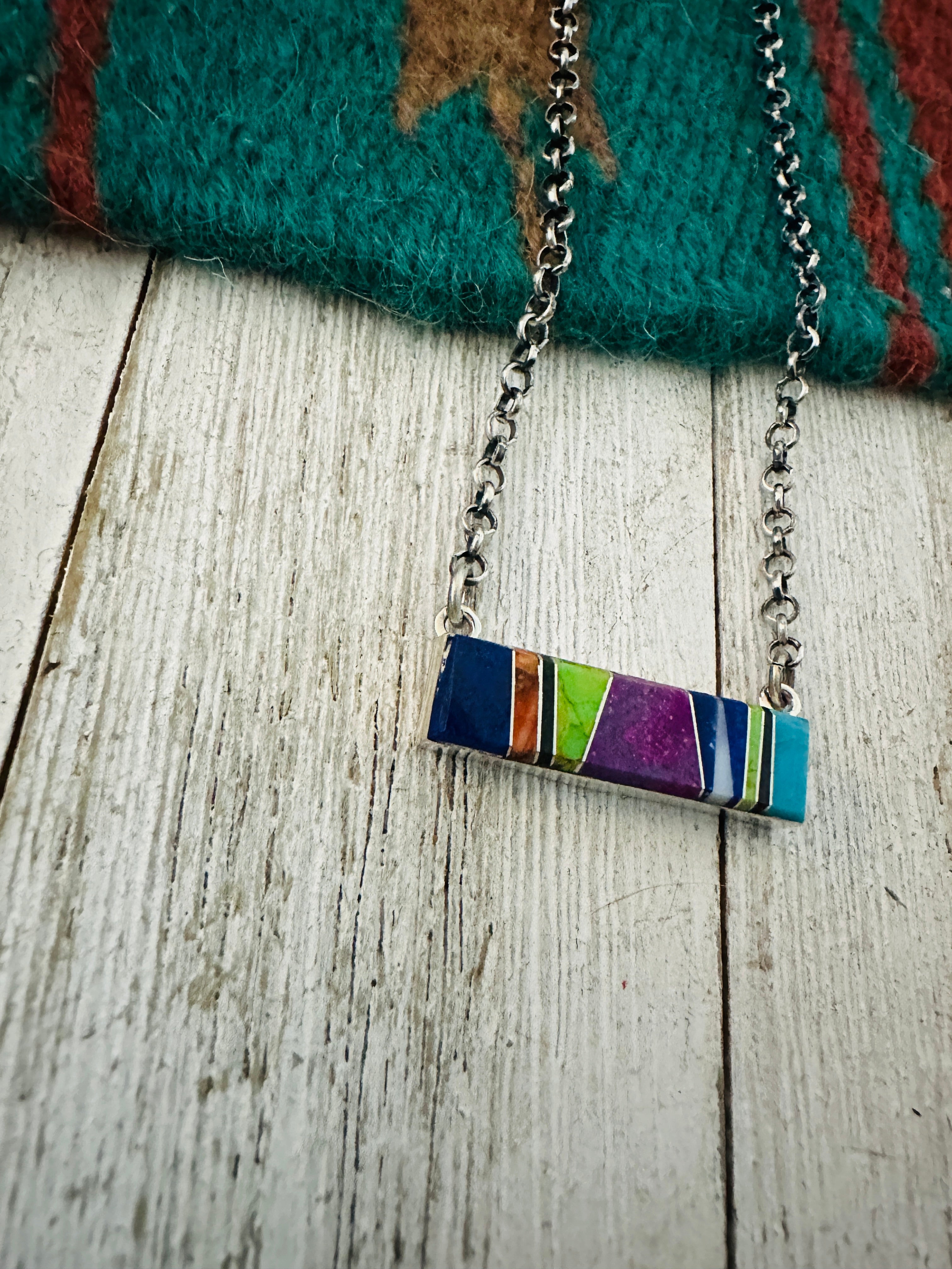 Navajo Multi Stone & Sterling Silver Inlay Bar Necklace