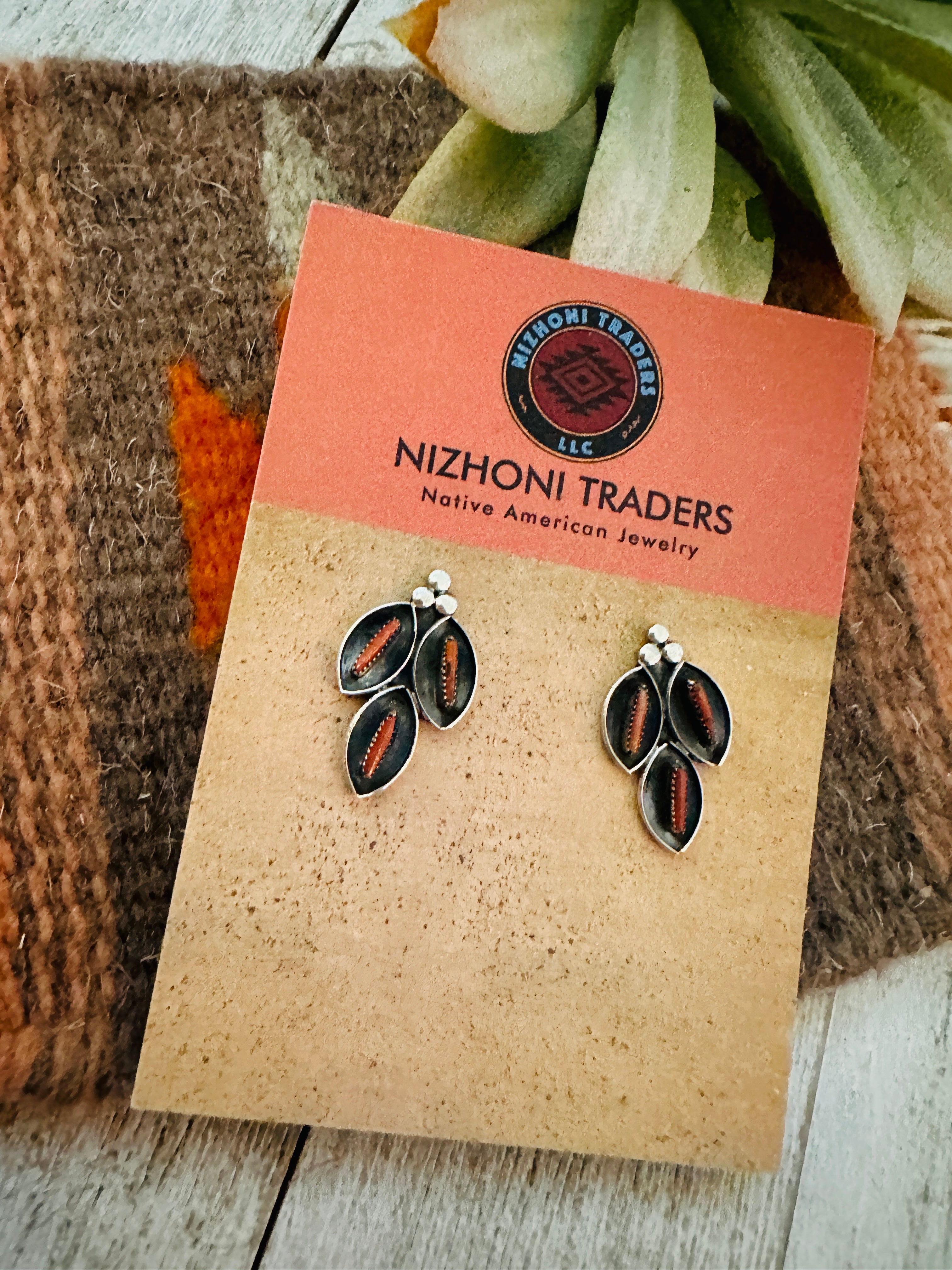 Zuni Coral & Sterling Silver Needlepoint Post Earrings