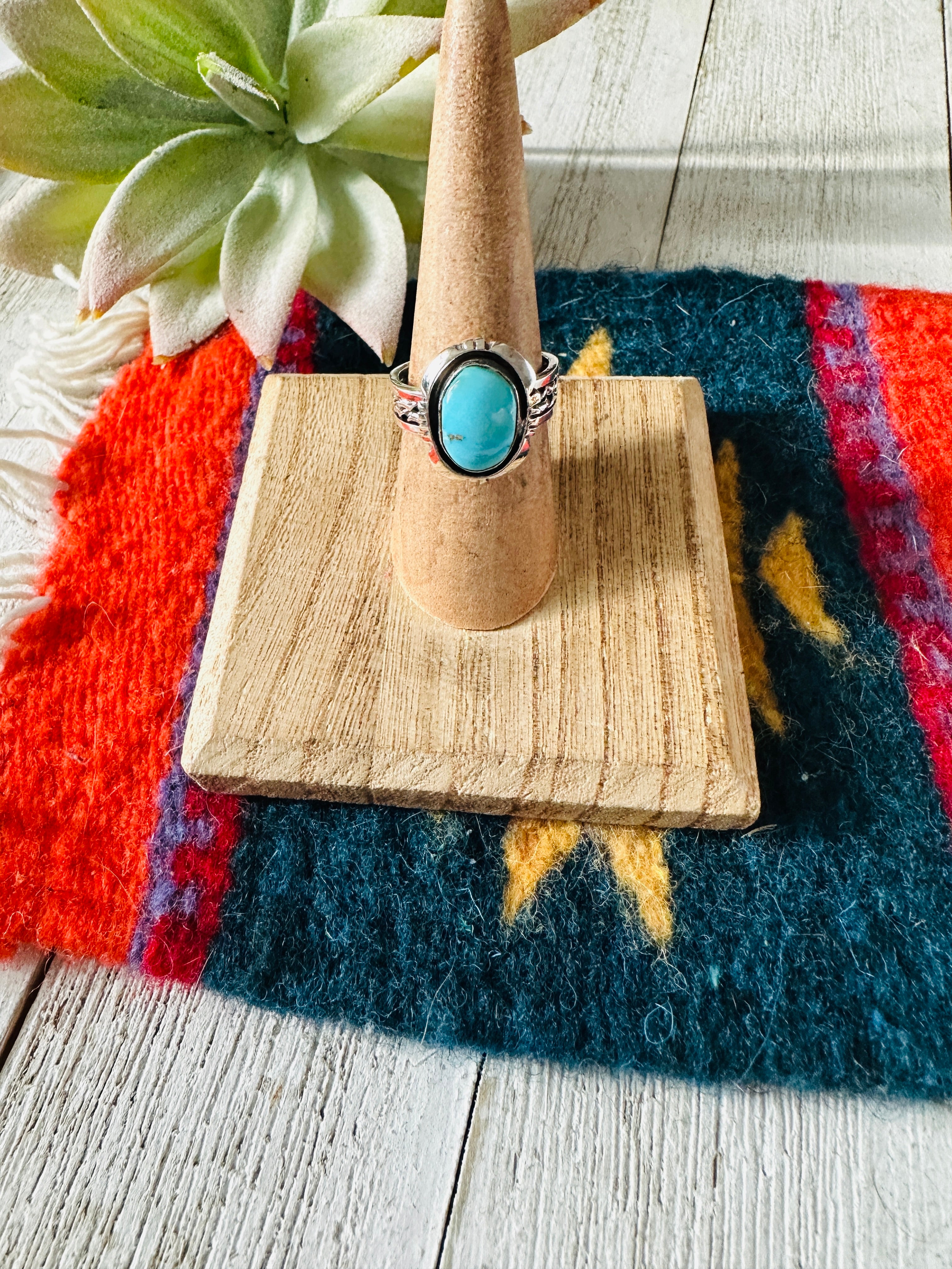 Navajo Turquoise & Sterling Silver Shadowbox Ring Size 7