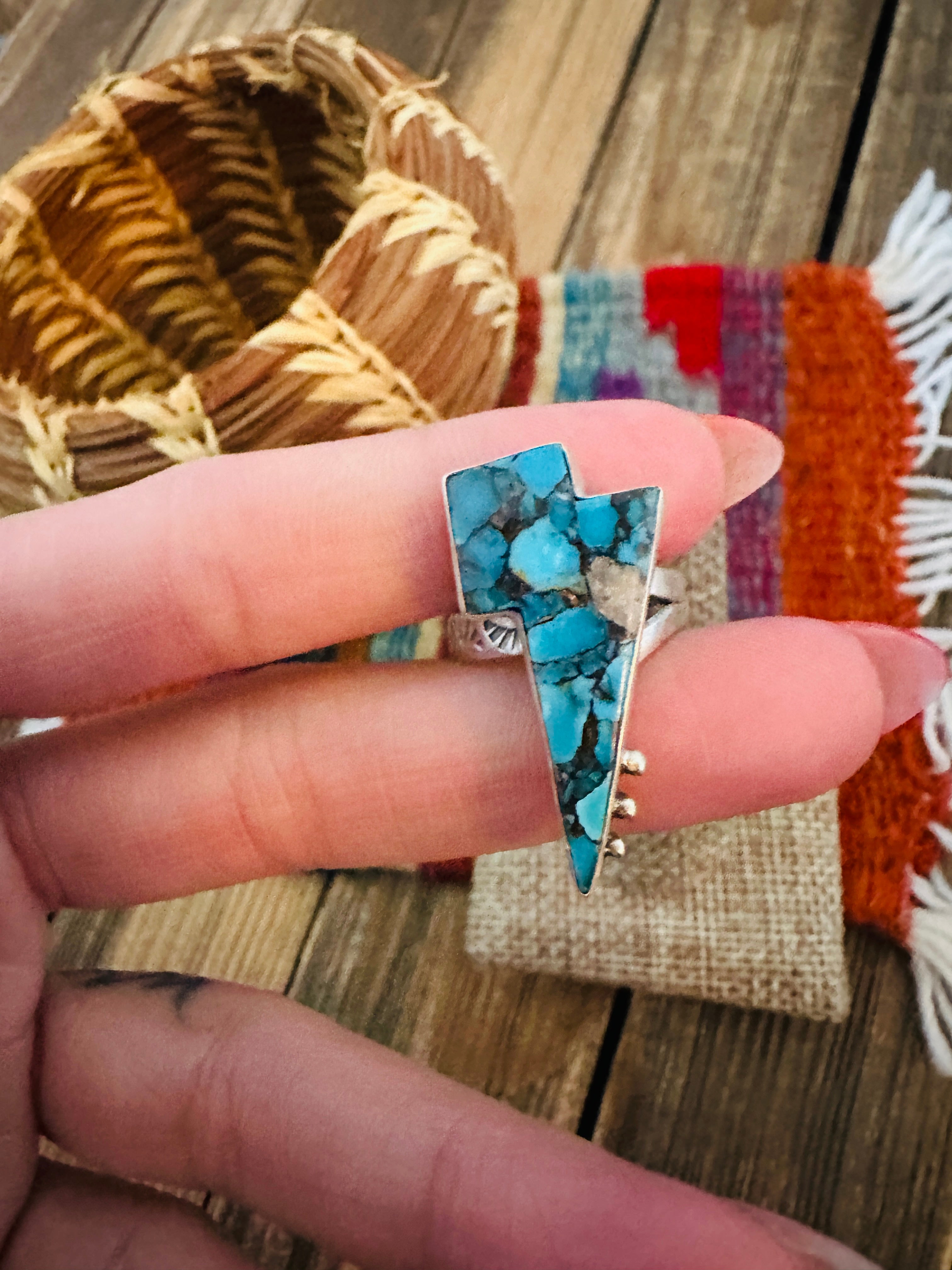 Handcrafted Turquoise & Sterling Silver Lightning Bolt Adjustable Ring