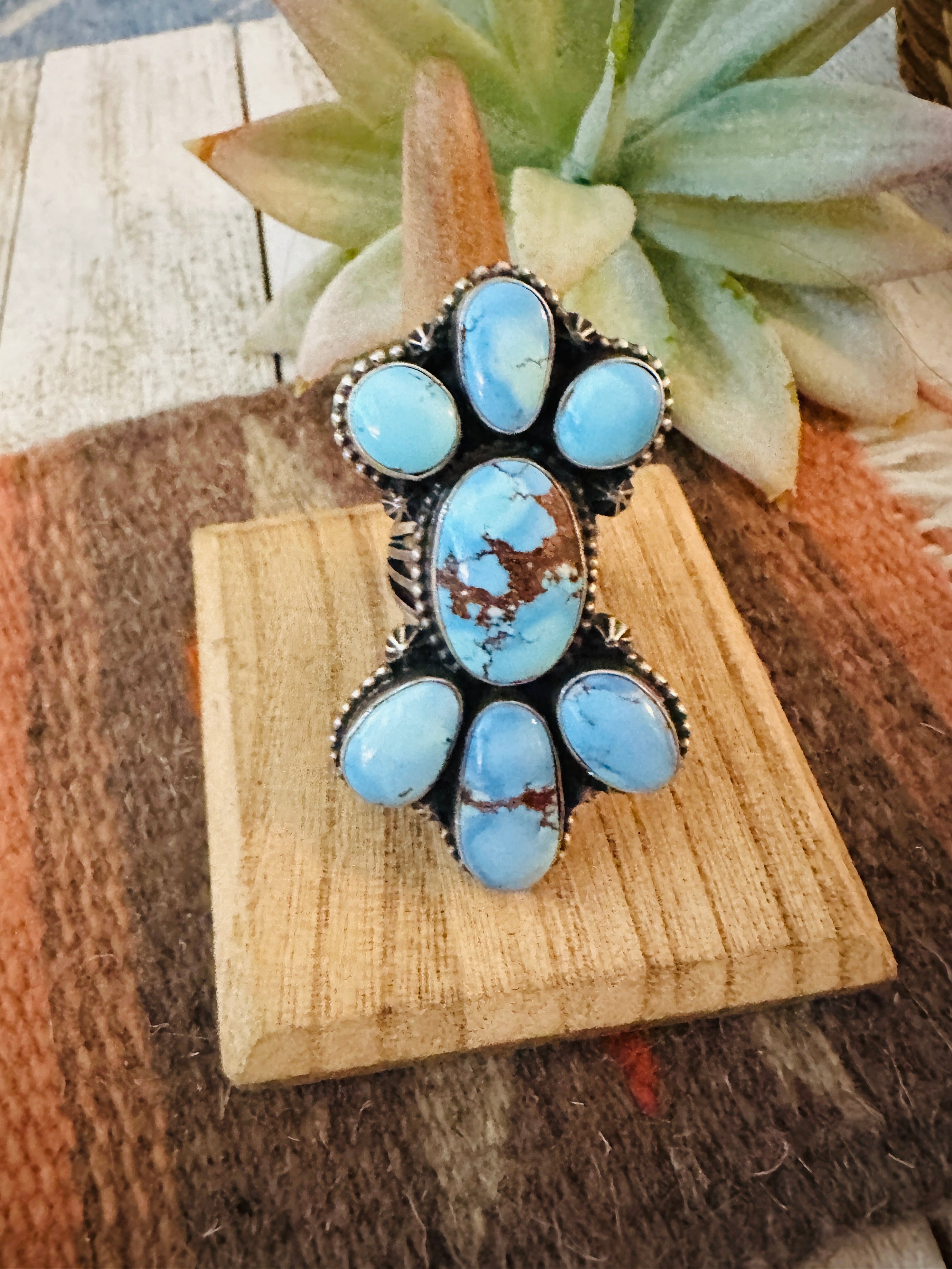 Navajo Golden Hills Turquoise & Sterling Silver Cluster Ring Size 8.5