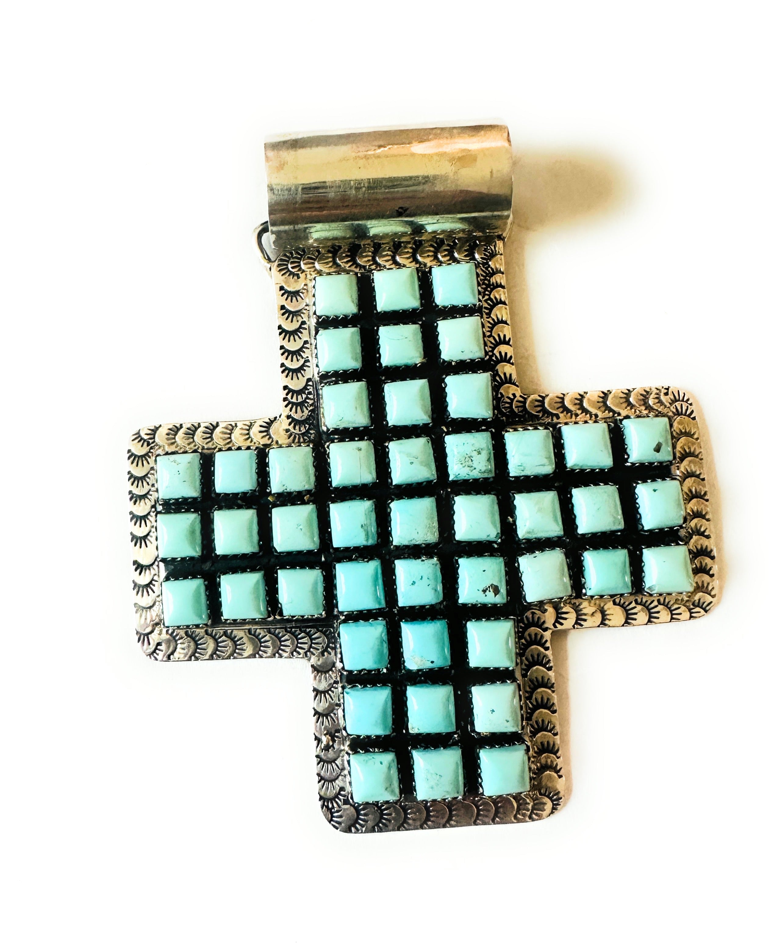 Navajo Sterling Silver & Dry Creek Turquoise Cross Pendant by Marcella James