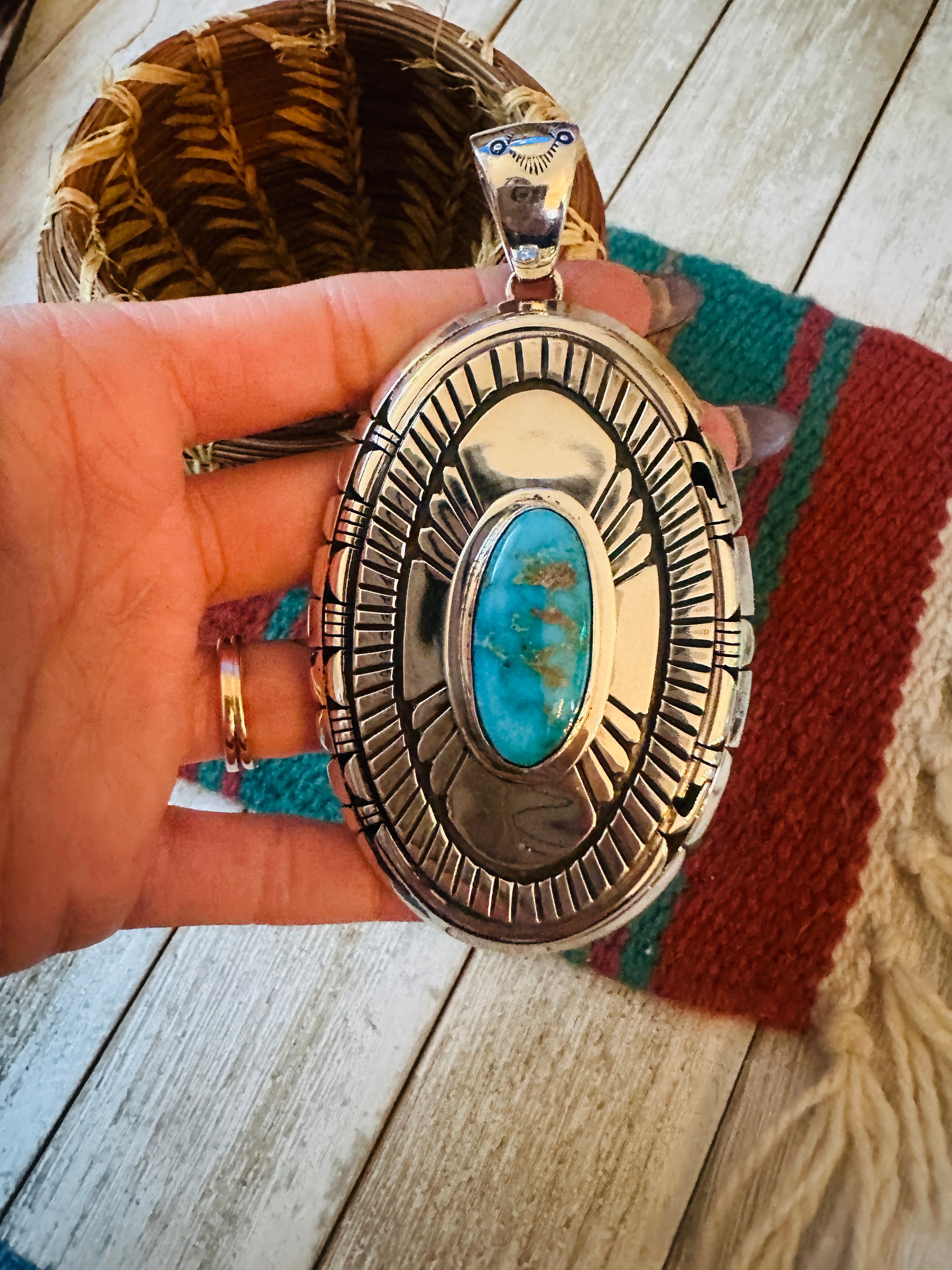 Handcrafted Sonoran Gold Turquoise &  Sterling Silver Pendant, Signed LK